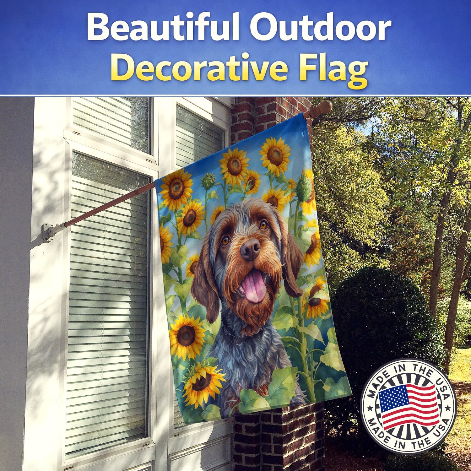 Wirehaired Pointing Griffon in Sunflowers House Flag 28x40 Porch Sleeve Pole Decorative Outside Yard Banner Artwork Wall Hanging, Polyester