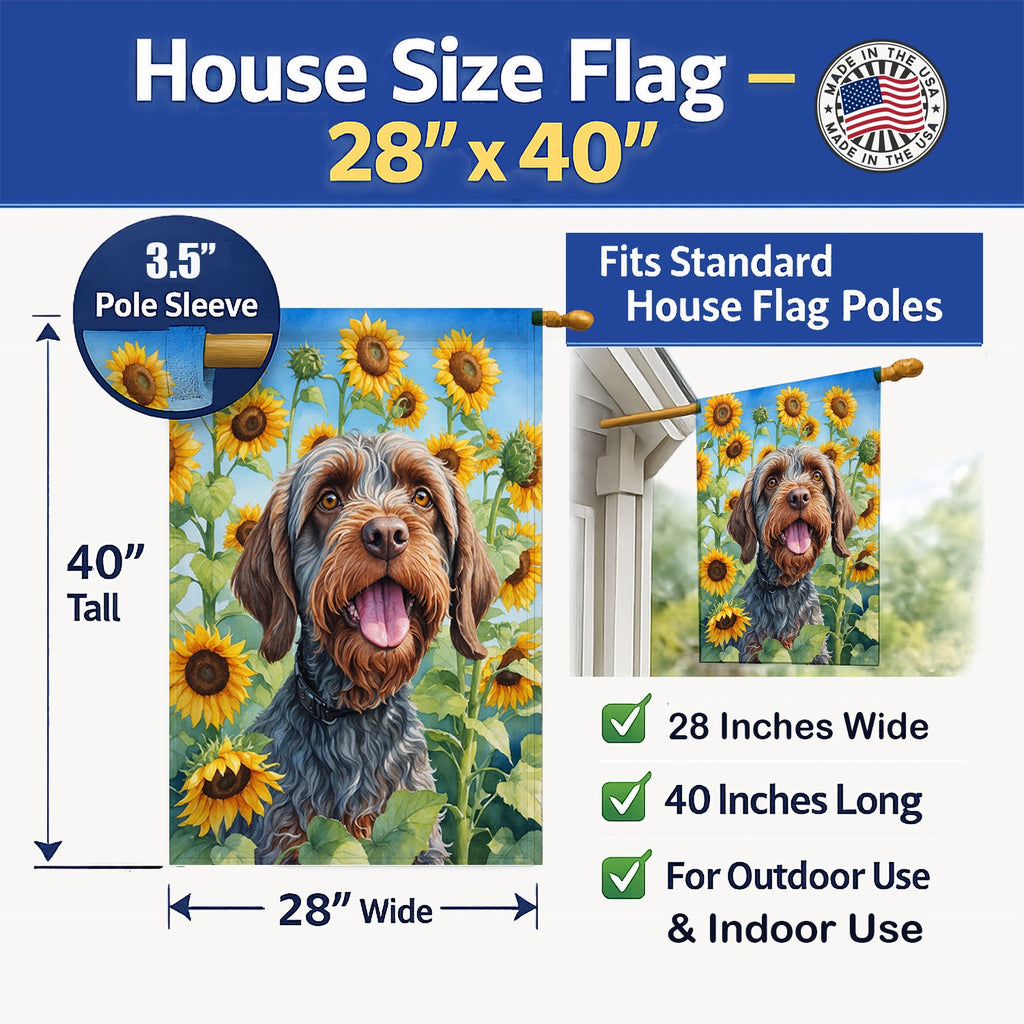 Wirehaired Pointing Griffon in Sunflowers House Flag 28x40 Porch Sleeve Pole Decorative Outside Yard Banner Artwork Wall Hanging, Polyester