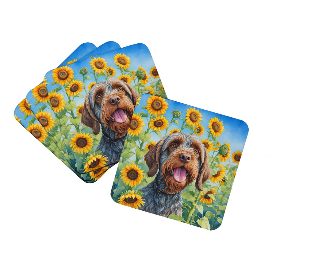 Wirehaired Pointing Griffon in Sunflowers Foam Coasters Set of 4 Cup Coasters for Indoor Outdoor, Tabletop Protection, Anti Slip, Mouse pad Material