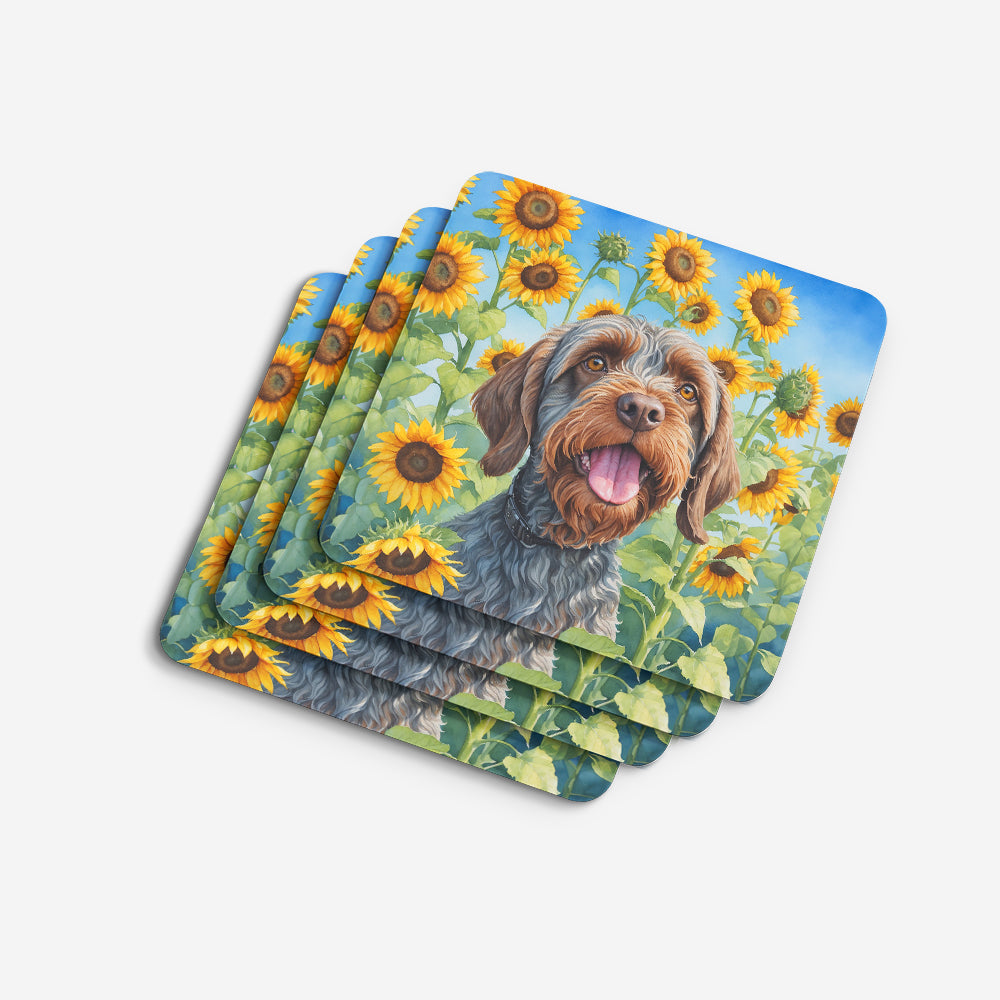 Wirehaired Pointing Griffon in Sunflowers Foam Coasters Set of 4 Cup Coasters for Indoor Outdoor, Tabletop Protection, Anti Slip, Mouse pad Material