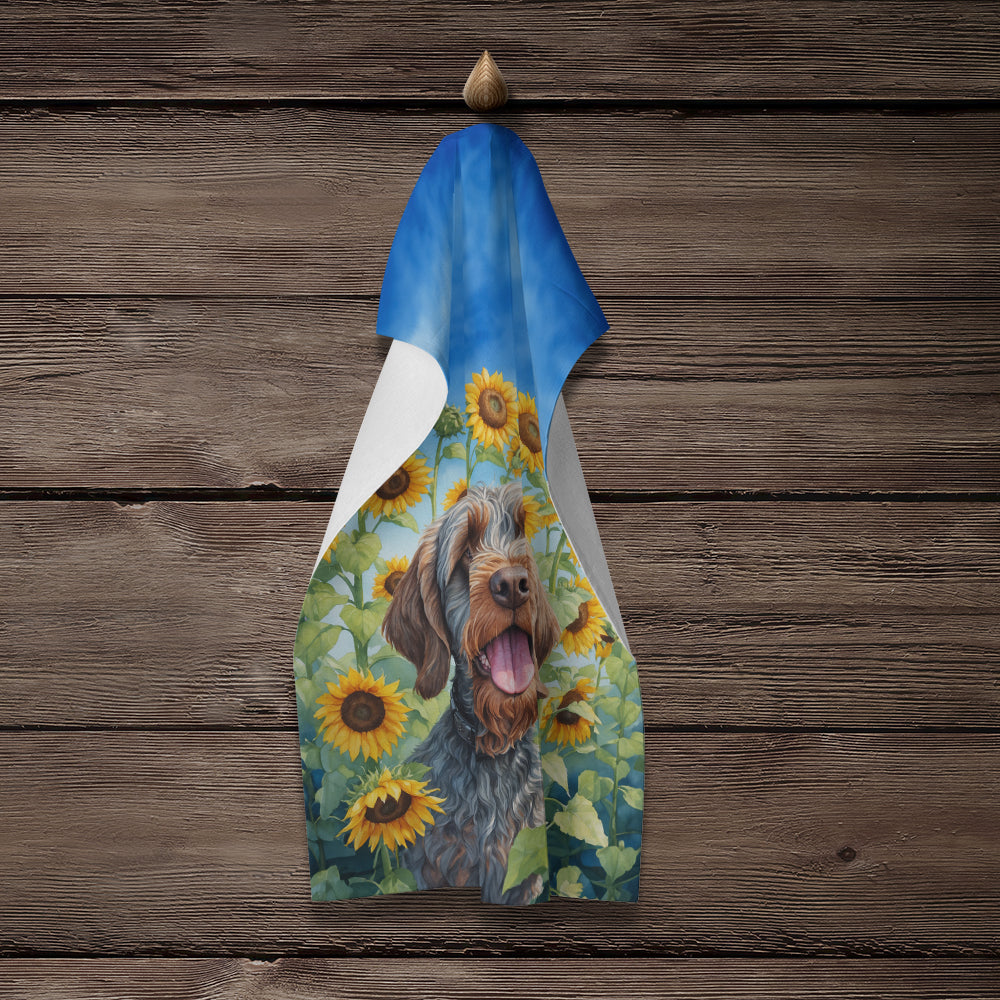 Wirehaired Pointing Griffon in Sunflowers Kitchen Towel Velour Plush Front and Cotton Loop Back Machine Washable