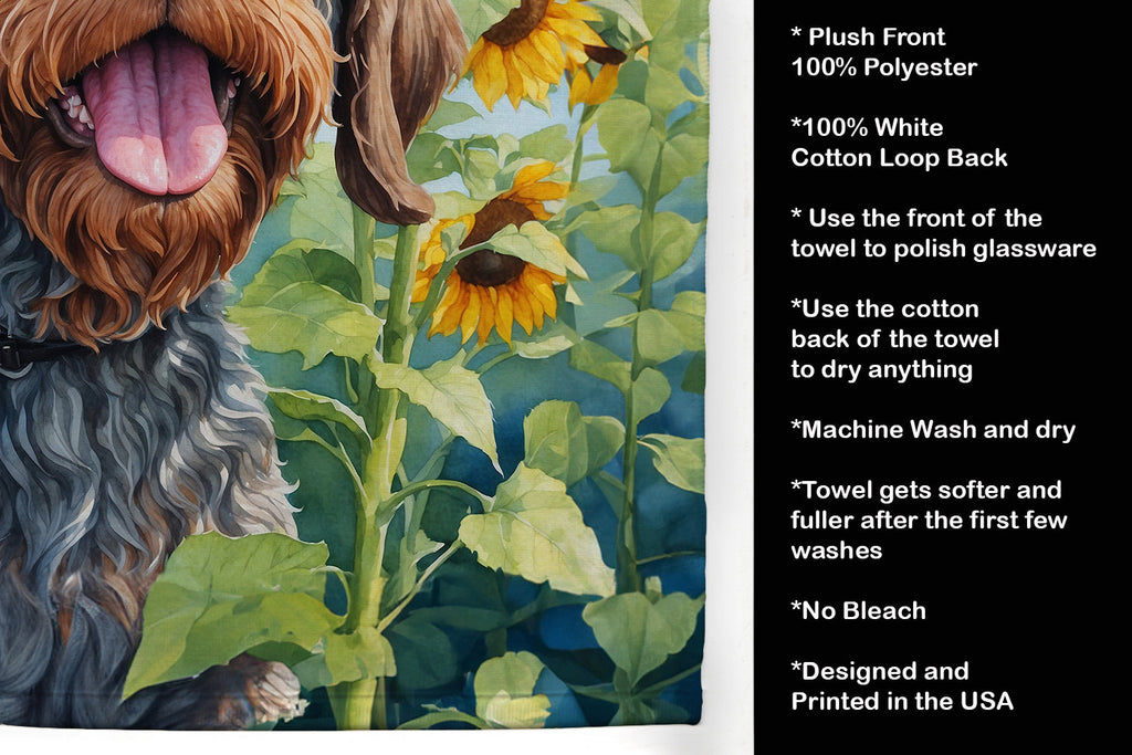 Wirehaired Pointing Griffon in Sunflowers Kitchen Towel Velour Plush Front and Cotton Loop Back Machine Washable