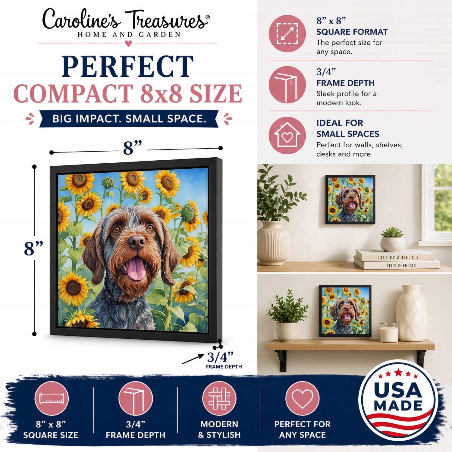 Wirehaired Pointing Griffon in Sunflowers Framed Metal Print Bathroom, Kitchen, Office, Home Decor Wall Art Ready to Hang, Square, 8X8