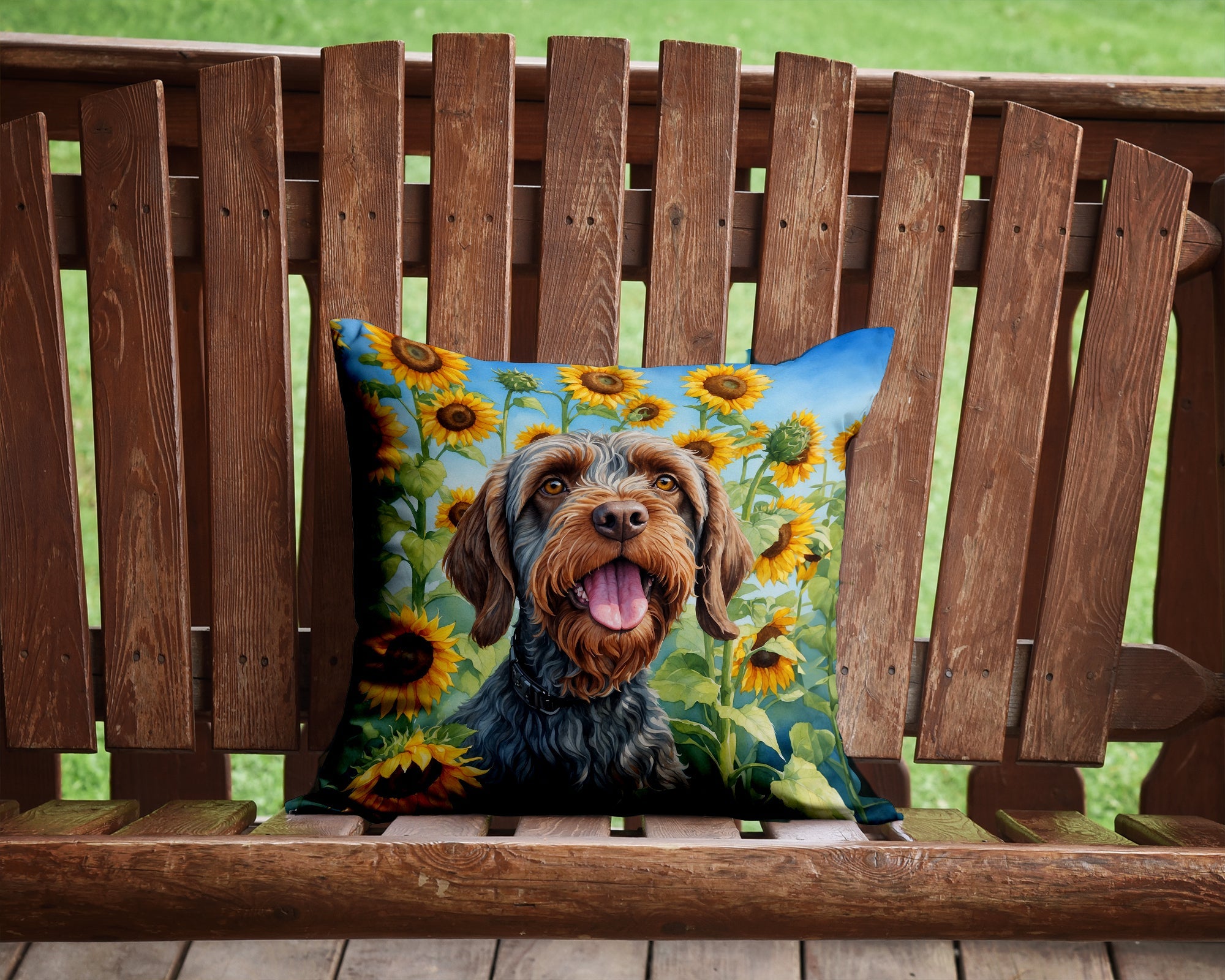 Wirehaired Pointing Griffon in Sunflowers Decorative Throw Pillow 14x14 Indoor Outdoor Accent Cushion, Fabric Cover with Insert for Sofa, Bed, Porch & Living Room