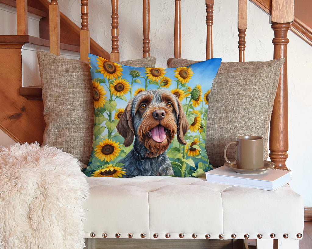 Wirehaired Pointing Griffon in Sunflowers Decorative Throw Pillow 14x14 Indoor Outdoor Accent Cushion, Fabric Cover with Insert for Sofa, Bed, Porch & Living Room
