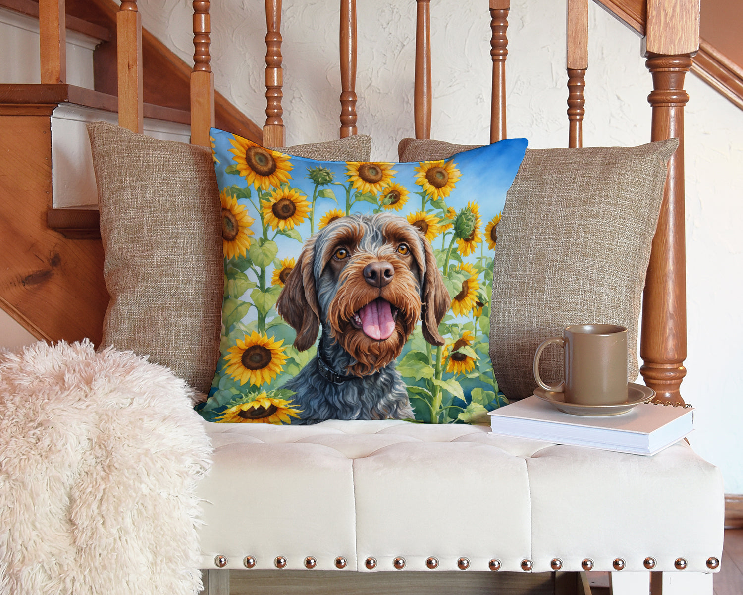 Wirehaired Pointing Griffon in Sunflowers Decorative Throw Pillow 14x14 Indoor Outdoor Accent Cushion, Fabric Cover with Insert for Sofa, Bed, Porch & Living Room