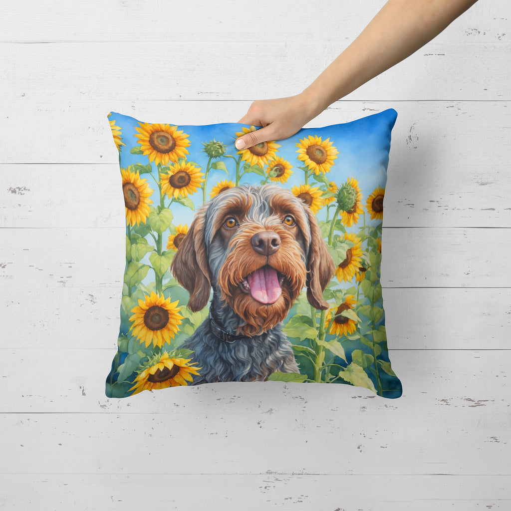 Wirehaired Pointing Griffon in Sunflowers Decorative Throw Pillow 18x18 Indoor Outdoor Accent Cushion, Fabric Cover with Insert for Sofa, Bed, Porch & Living Room