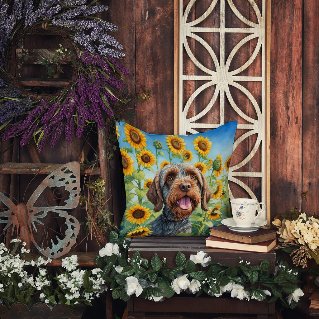 Wirehaired Pointing Griffon in Sunflowers Decorative Throw Pillow 18x18 Indoor Outdoor Accent Cushion, Fabric Cover with Insert for Sofa, Bed, Porch & Living Room