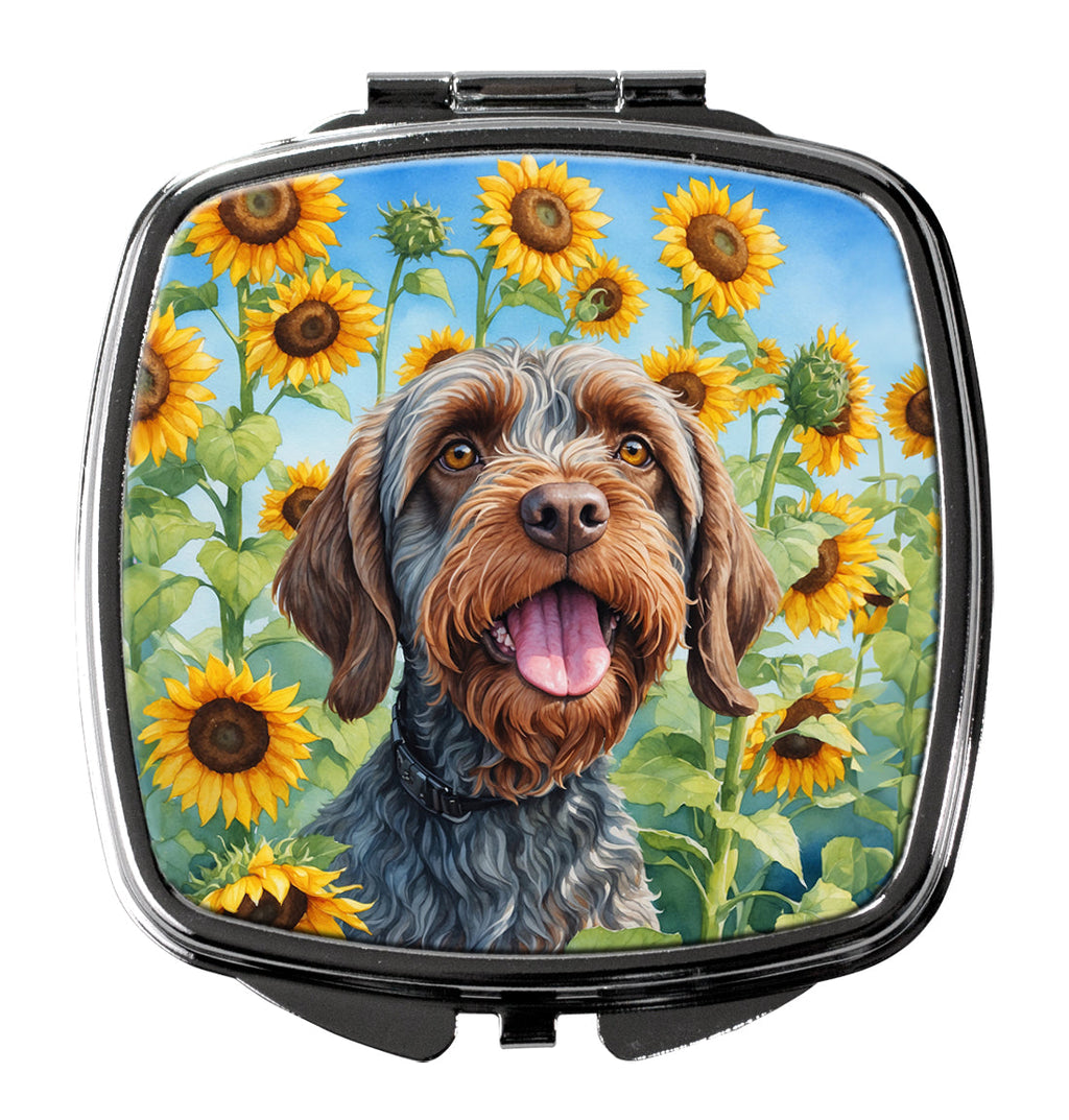 Wirehaired Pointing Griffon in Sunflowers Compact Mirror Decorative Travel Makeup Mirror for Women Girls Gifts Pocket Makeup Mirror Folding Handheld