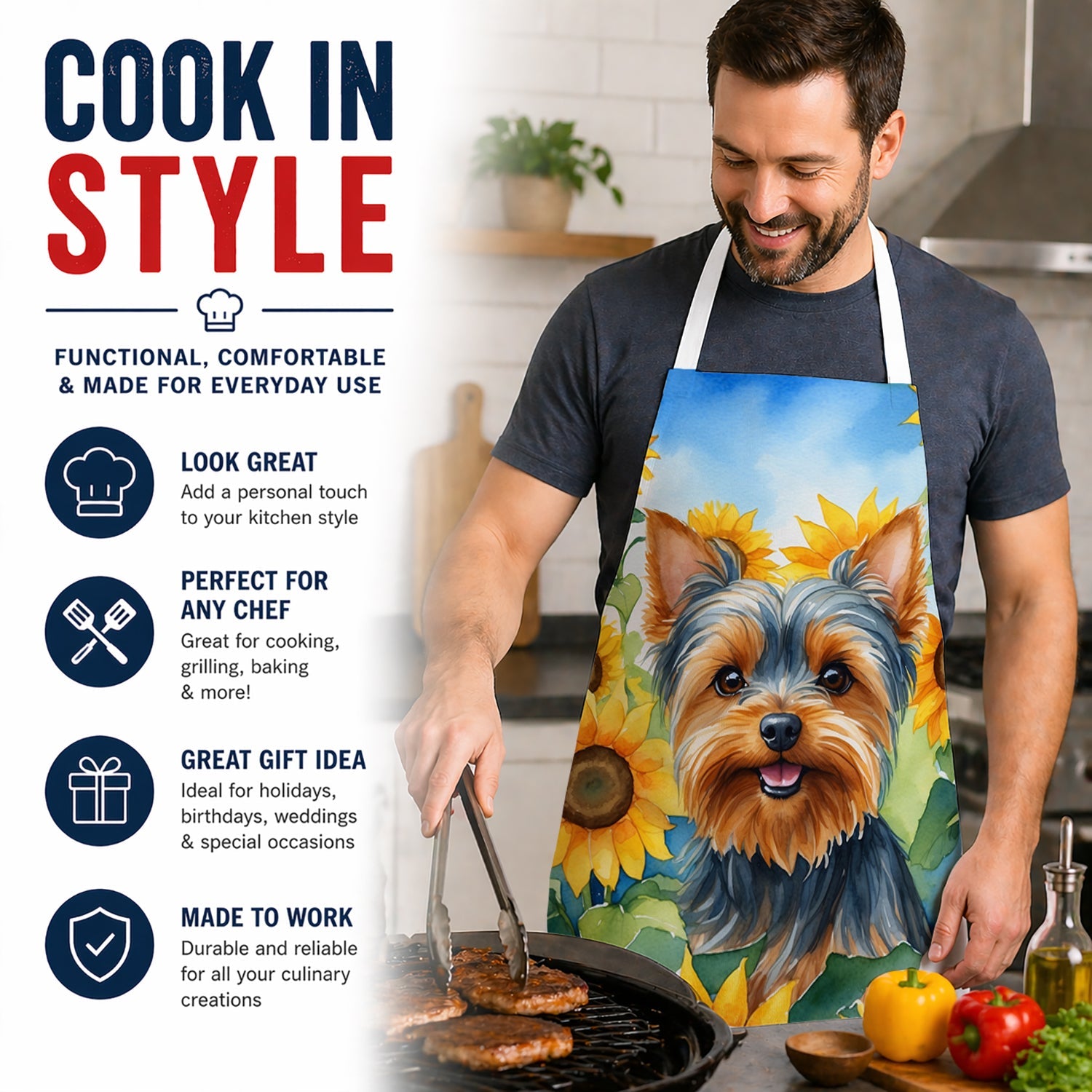 Yorkshire Terrier in Sunflowers Apron Cooking Kitchen Server Baking Crafts Gardening for Adult Women Men, Unisex, Large, Multicolor