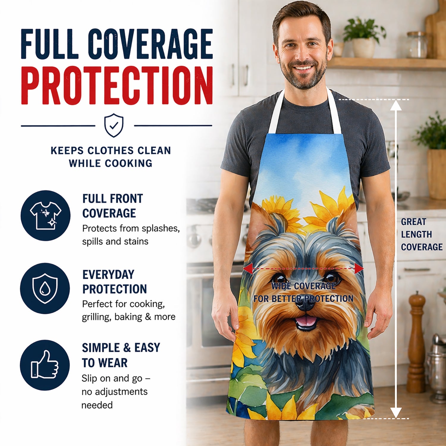 Yorkshire Terrier in Sunflowers Apron Cooking Kitchen Server Baking Crafts Gardening for Adult Women Men, Unisex, Large, Multicolor
