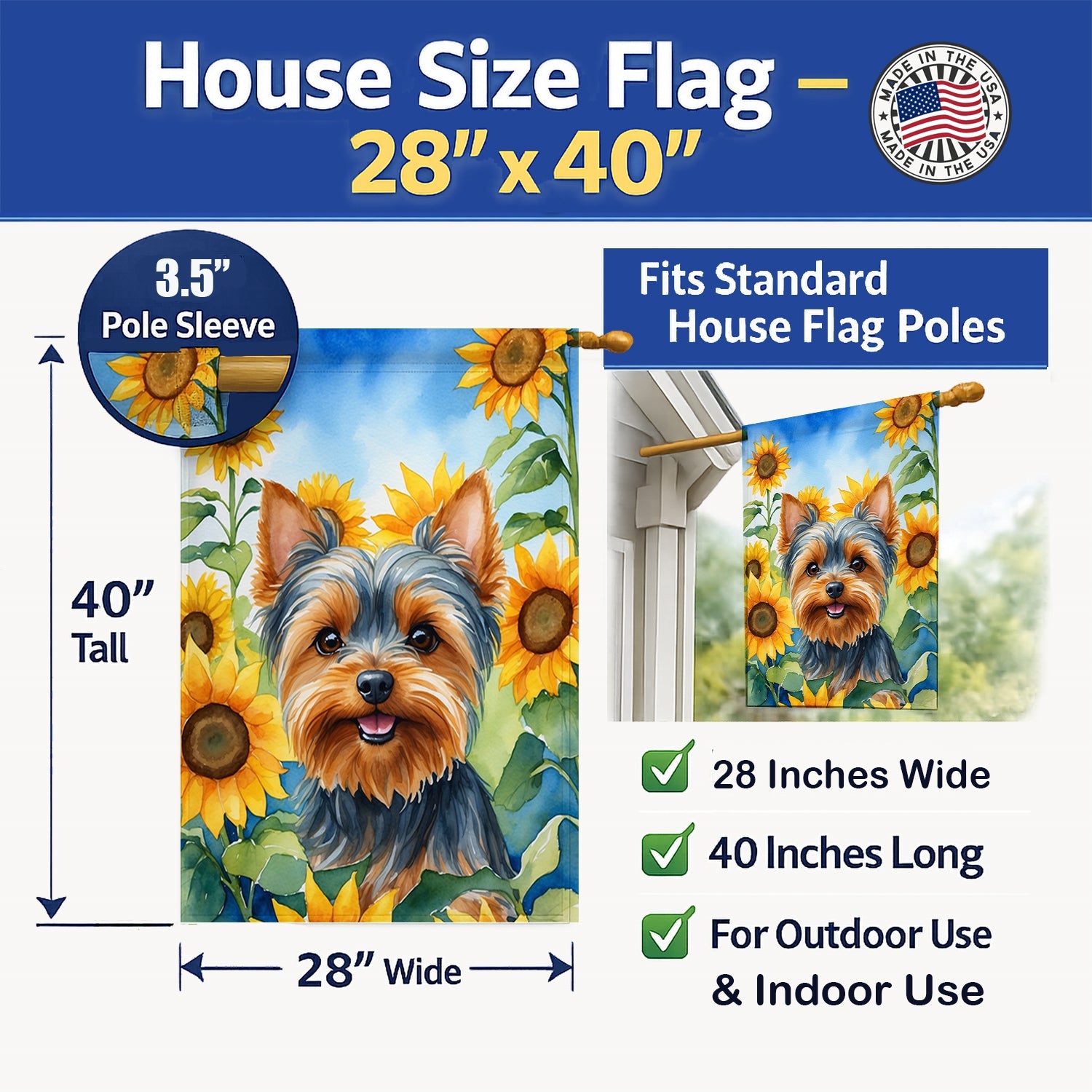 Yorkshire Terrier in Sunflowers House Flag 28x40 Porch Sleeve Pole Decorative Outside Yard Banner Artwork Wall Hanging, Polyester