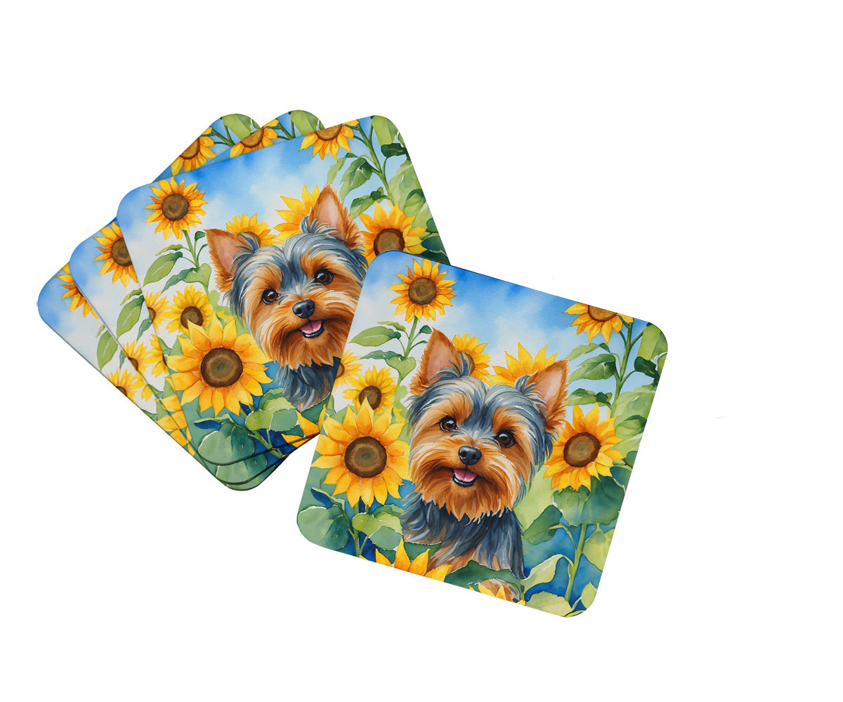 Yorkshire Terrier in Sunflowers Foam Coasters Set of 4 Cup Coasters for Indoor Outdoor, Tabletop Protection, Anti Slip, Mouse pad Material