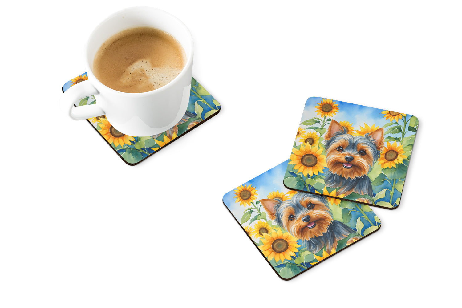 Yorkshire Terrier in Sunflowers Foam Coasters Set of 4 Cup Coasters for Indoor Outdoor, Tabletop Protection, Anti Slip, Mouse pad Material