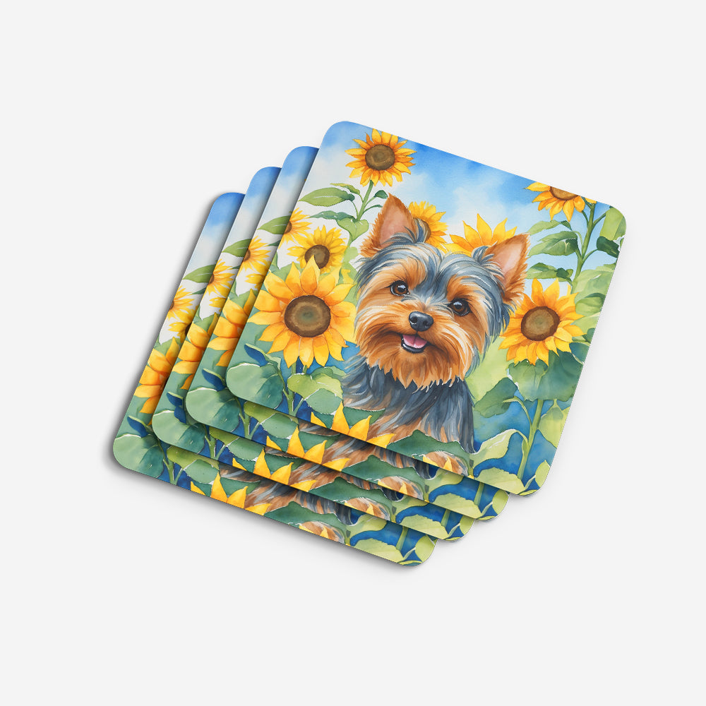 Yorkshire Terrier in Sunflowers Foam Coasters Set of 4 Cup Coasters for Indoor Outdoor, Tabletop Protection, Anti Slip, Mouse pad Material