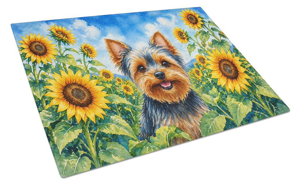 Yorkshire Terrier in Sunflowers Cutting Board Tempered Glass Kitchen Cutting Surface, Heat Resistant Chopping Board with Non-Slip Feet, Decorative Food Prep & Serving