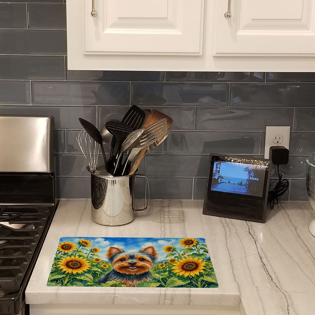 Yorkshire Terrier in Sunflowers Cutting Board Tempered Glass Kitchen Cutting Surface, Heat Resistant Chopping Board with Non-Slip Feet, Decorative Food Prep & Serving