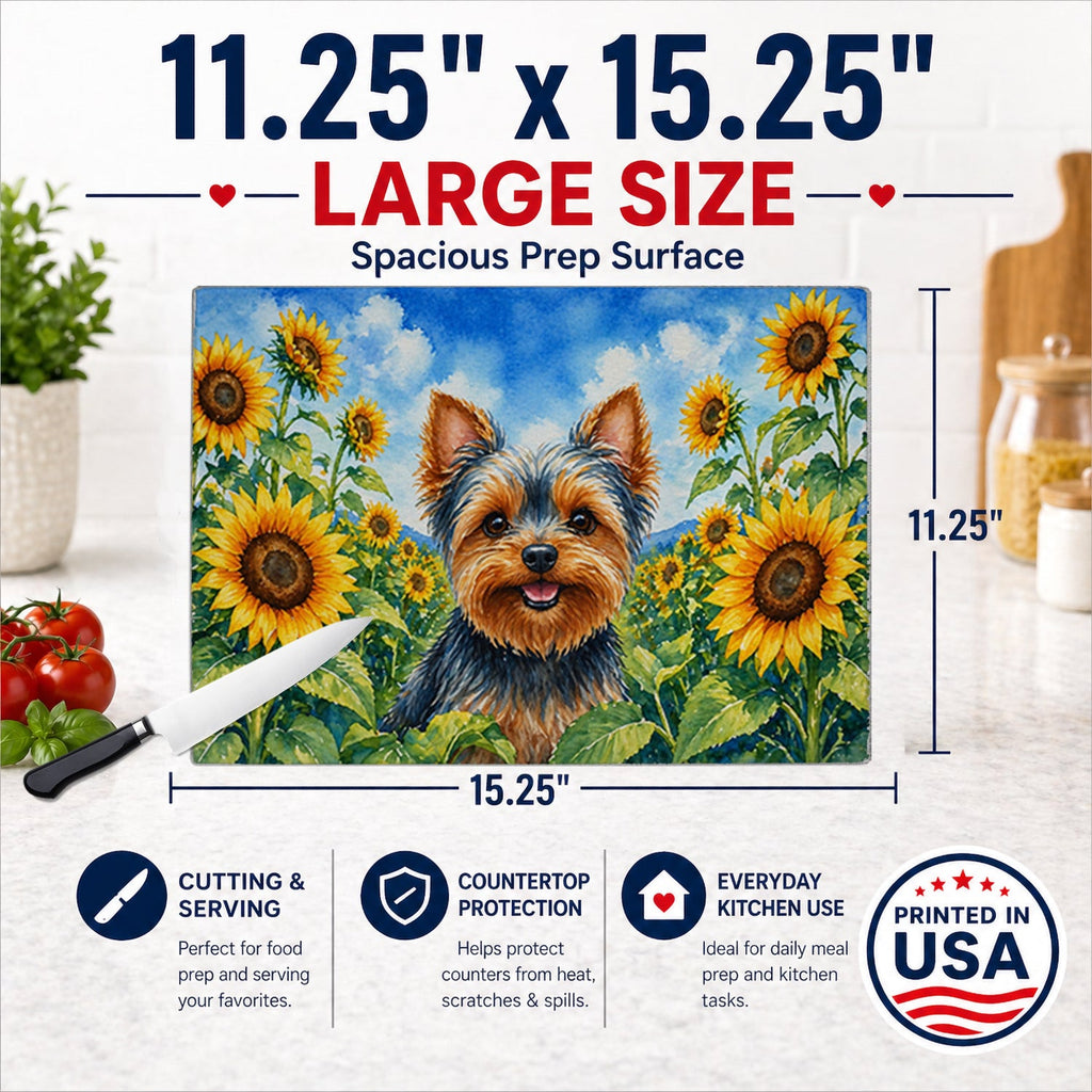 Yorkshire Terrier in Sunflowers Cutting Board Tempered Glass Kitchen Cutting Surface, Heat Resistant Chopping Board with Non-Slip Feet, Decorative Food Prep & Serving