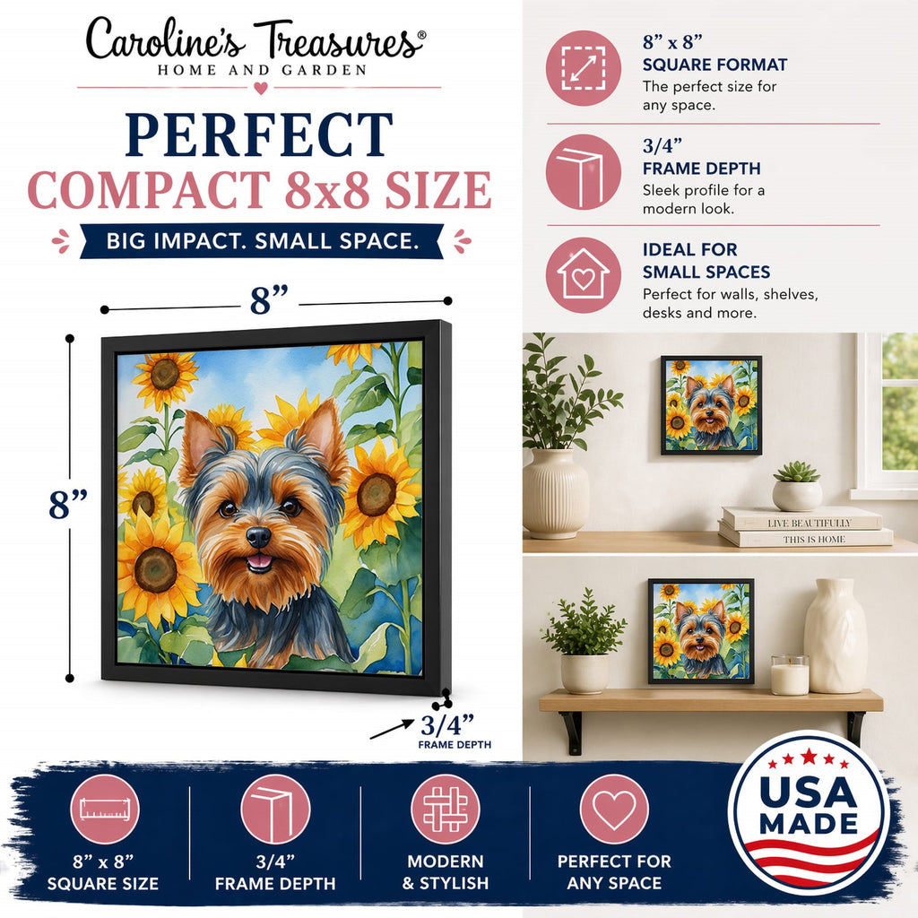 Yorkshire Terrier in Sunflowers Framed Metal Print Bathroom, Kitchen, Office, Home Decor Wall Art Ready to Hang, Square, 8X8