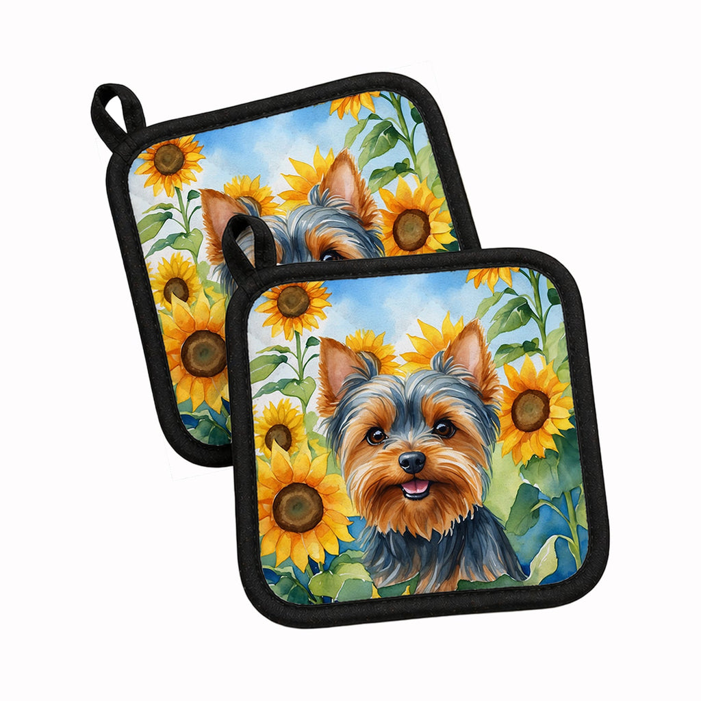 Yorkshire Terrier in Sunflowers Pot Holder Set of 2 Heat Resistant Quilted Hot Pads 7.5 x 7.5 Inch, Insulated Kitchen Trivets for Cooking & Baking