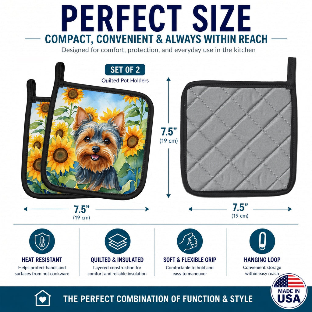 Yorkshire Terrier in Sunflowers Pot Holder Set of 2 Heat Resistant Quilted Hot Pads 7.5 x 7.5 Inch, Insulated Kitchen Trivets for Cooking & Baking