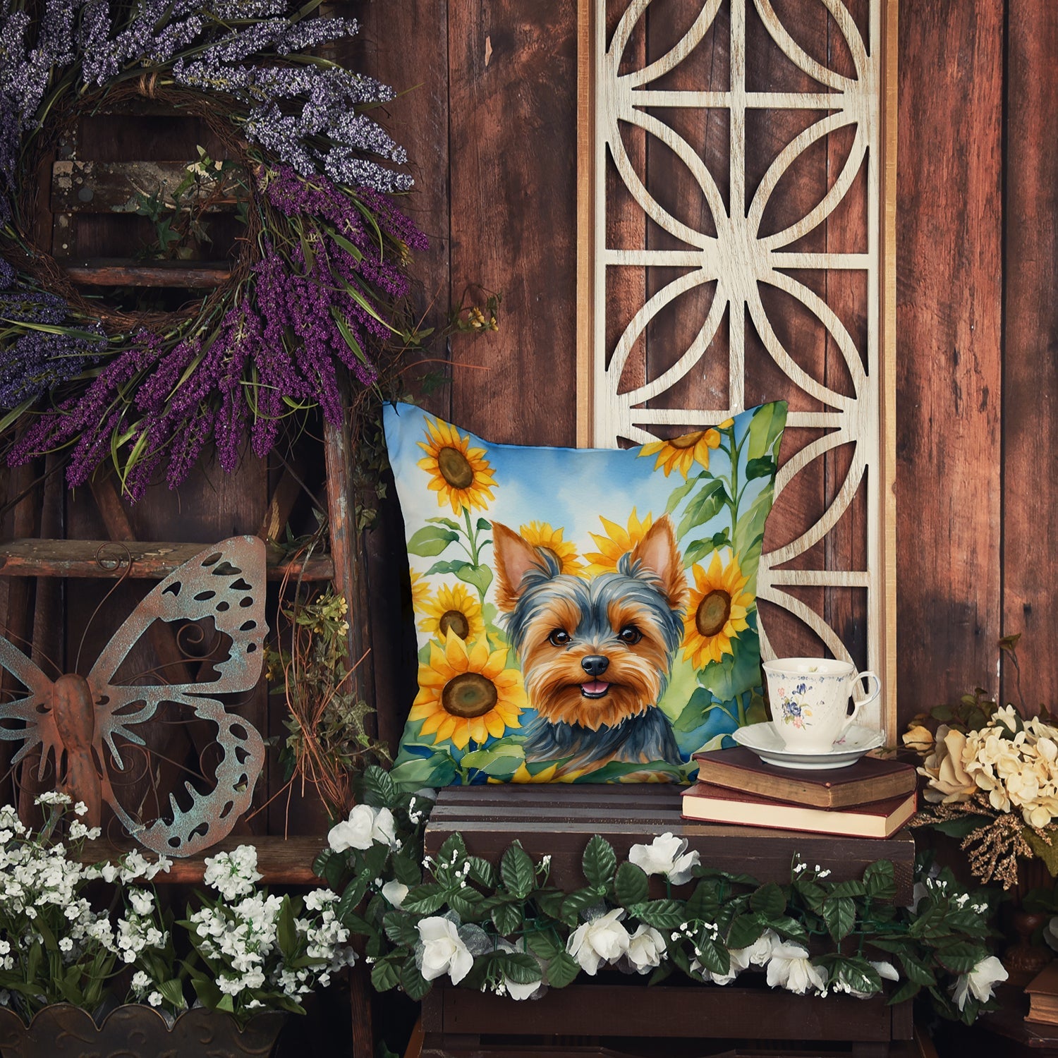 Yorkshire Terrier in Sunflowers Decorative Throw Pillow 14x14 Indoor Outdoor Accent Cushion, Fabric Cover with Insert for Sofa, Bed, Porch & Living Room