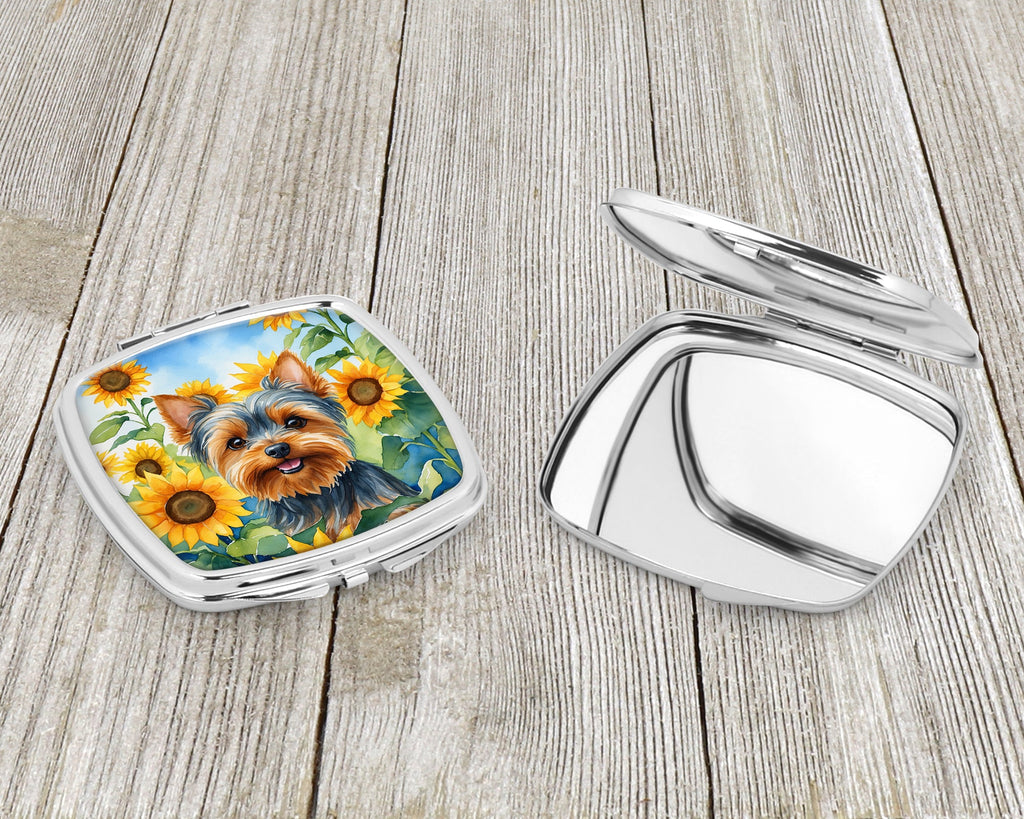 Yorkshire Terrier in Sunflowers Compact Mirror Decorative Travel Makeup Mirror for Women Girls Gifts Pocket Makeup Mirror Folding Handheld