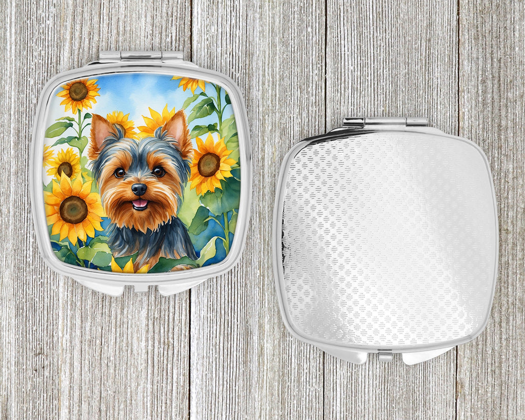 Yorkshire Terrier in Sunflowers Compact Mirror Decorative Travel Makeup Mirror for Women Girls Gifts Pocket Makeup Mirror Folding Handheld