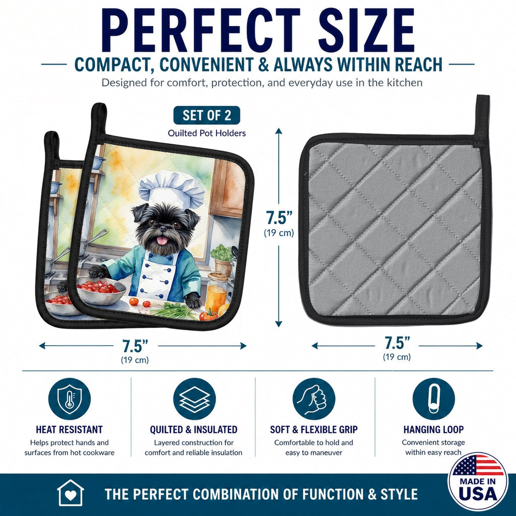 Affenpinscher The Chef Pot Holder Set of 2 Heat Resistant Quilted Hot Pads 7.5 x 7.5 Inch, Insulated Kitchen Trivets for Cooking & Baking