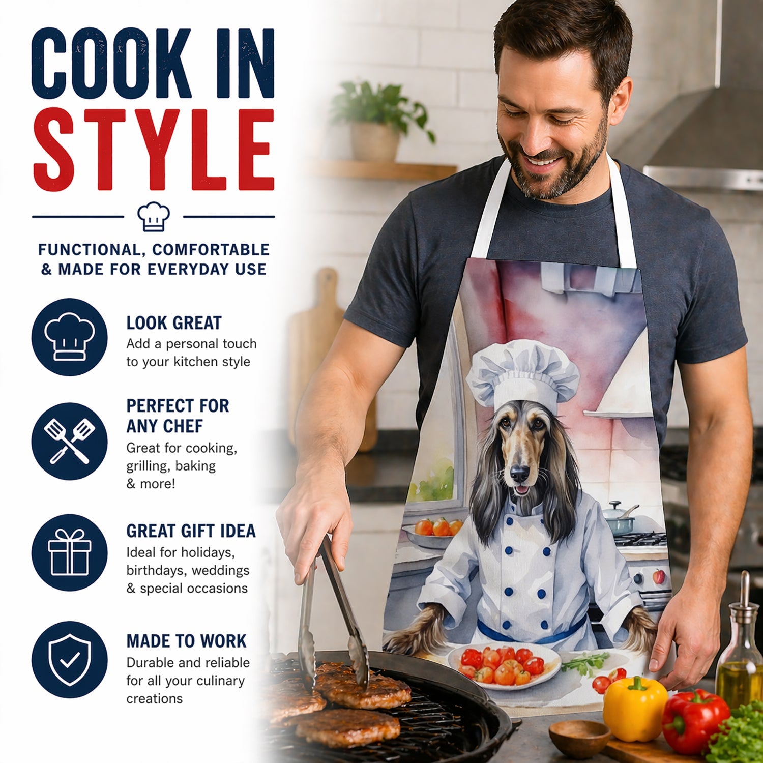 Afghan Hound The Chef Apron Cooking Kitchen Server Baking Crafts Gardening for Adult Women Men, Unisex, Large, Multicolor