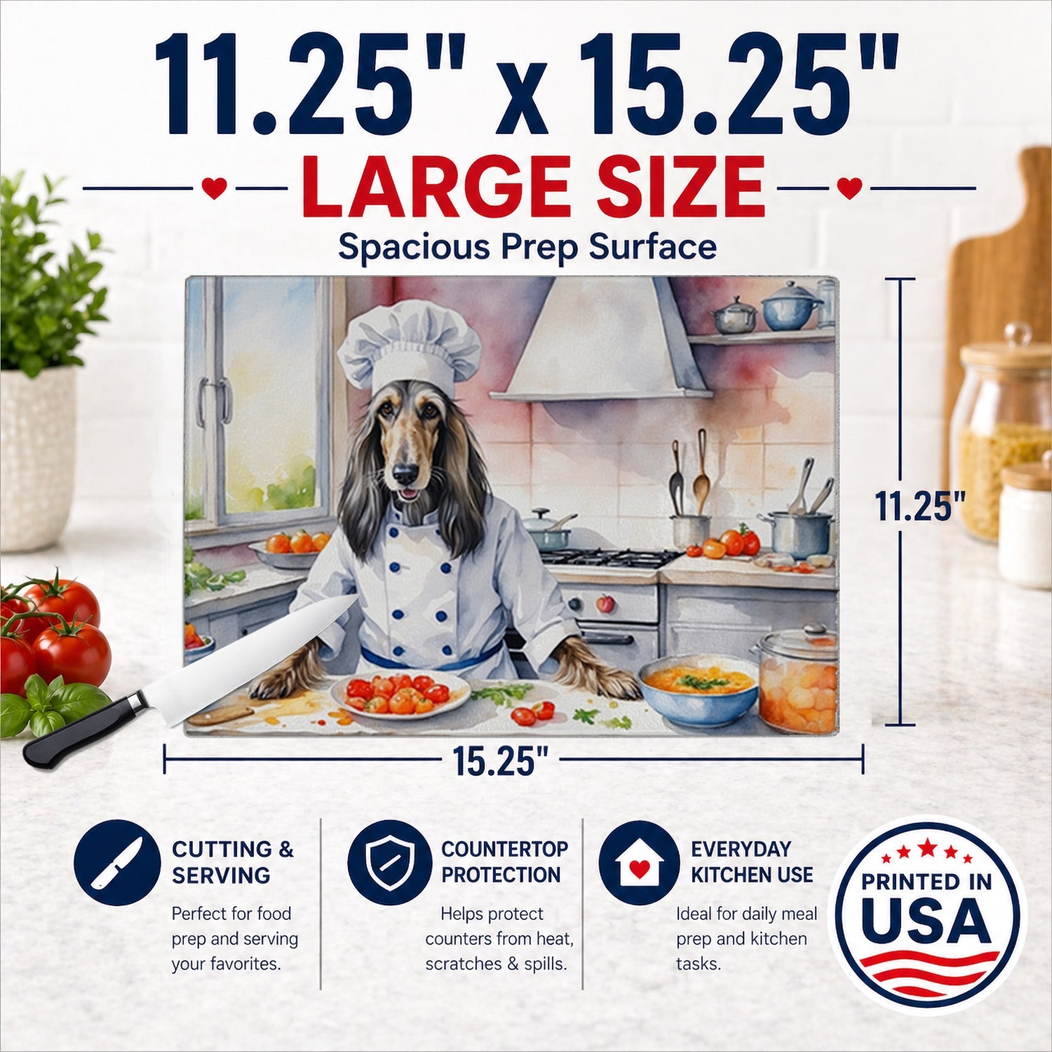 Afghan Hound The Chef Cutting Board Tempered Glass Kitchen Cutting Surface, Heat Resistant Chopping, Non-Slip Feet, Food Prep & Serving