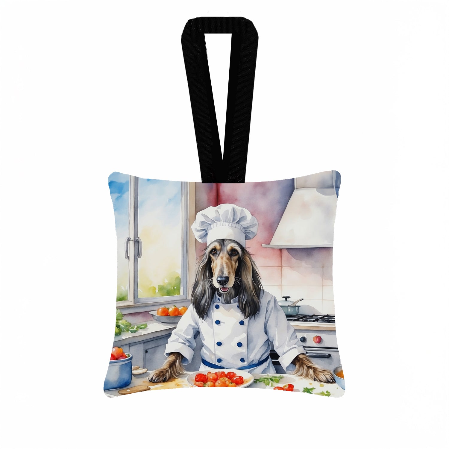 Afghan Hound The Chef Hanging Square Fabric Ornament 3.5 × 3.5 Decorative Door-Knob & Tree Hanger, Soft Fabric