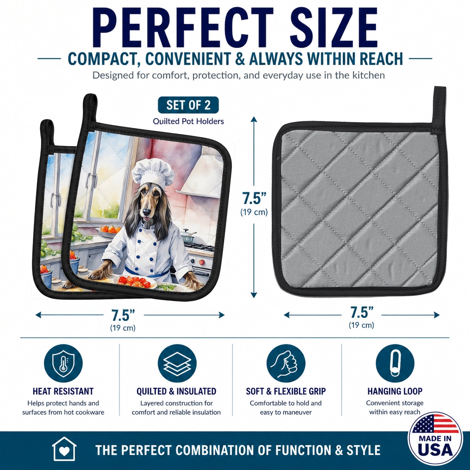 Afghan Hound The Chef Pot Holder Set of 2 Heat Resistant Quilted Hot Pads 7.5 x 7.5 Inch, Insulated Kitchen Trivets for Cooking & Baking