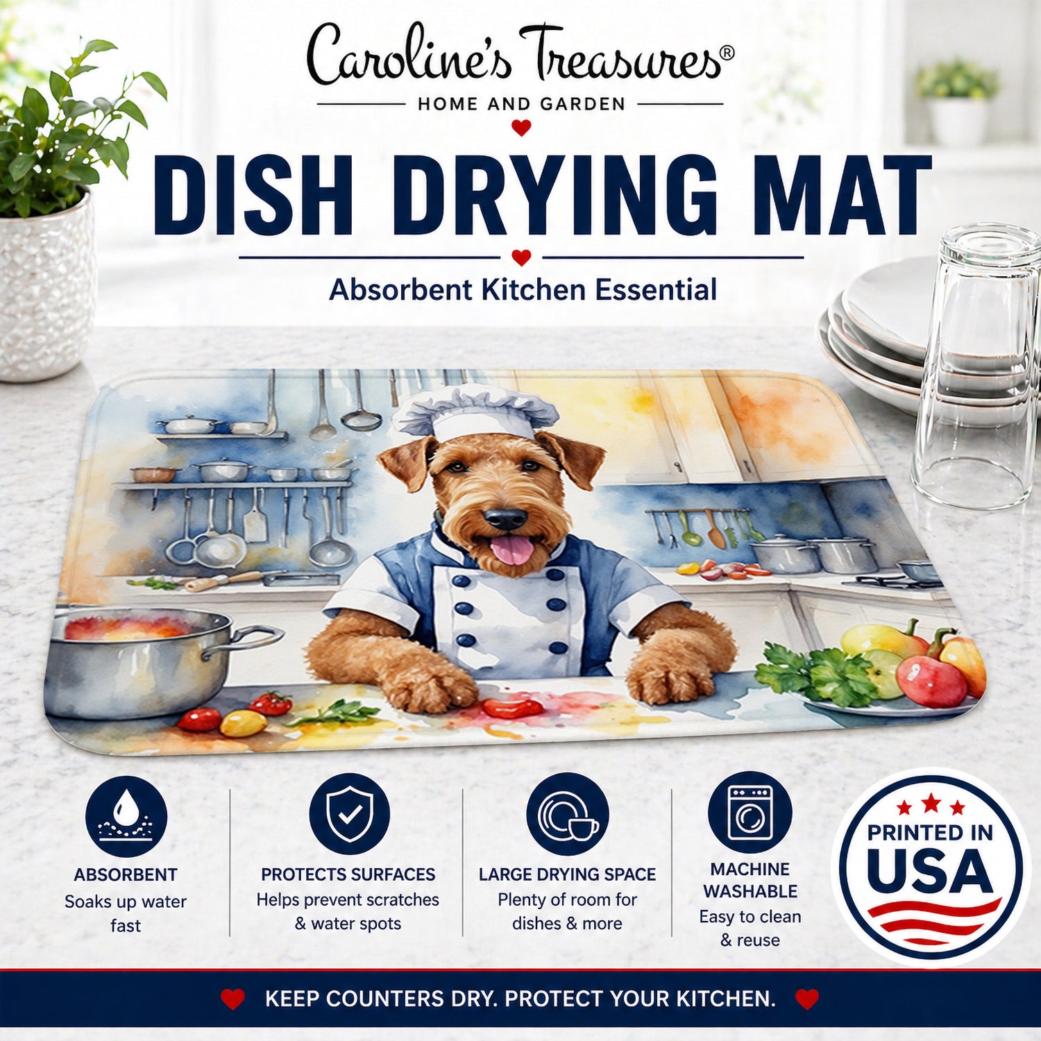 Airedale Terrier The Chef Dish Drying Mat Absorbent Dish Drying Mat Pad for Kitchen Counter Dish Drainer Mat for Countertop, 14 x 21", Multicolor