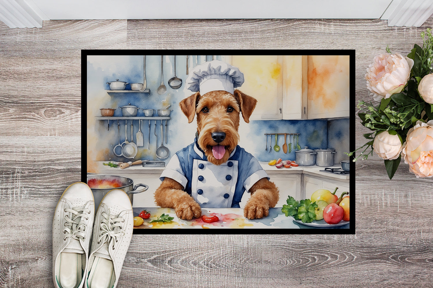 Airedale Terrier The Chef Doormat Indoor Outdoor 24H X 36W Front Door Mat Rugs for Entryway, Non Slip Washable Low Pile,