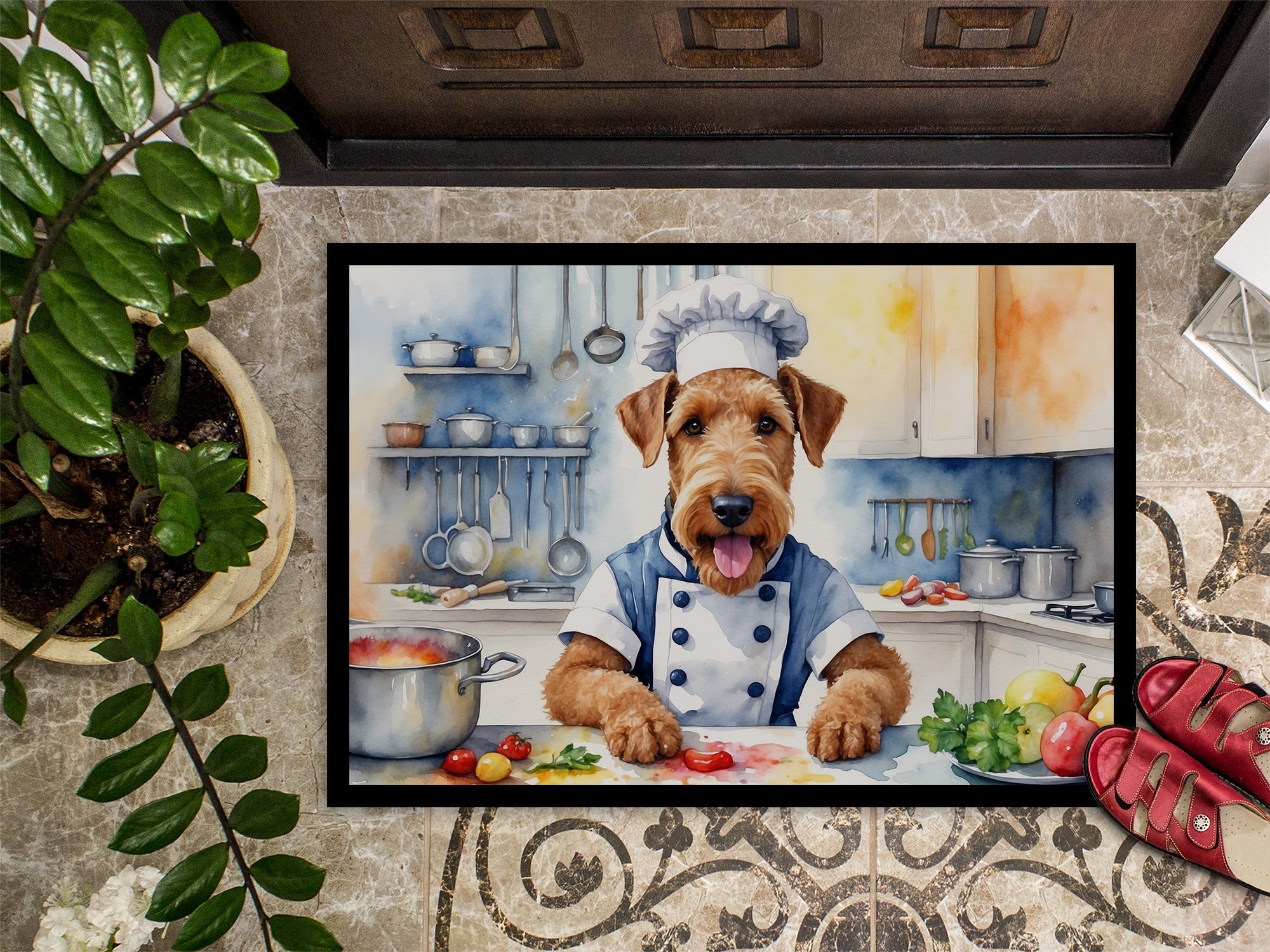 Airedale Terrier The Chef Doormat Indoor Outdoor 24H X 36W Front Door Mat Rugs for Entryway, Non Slip Washable Low Pile,