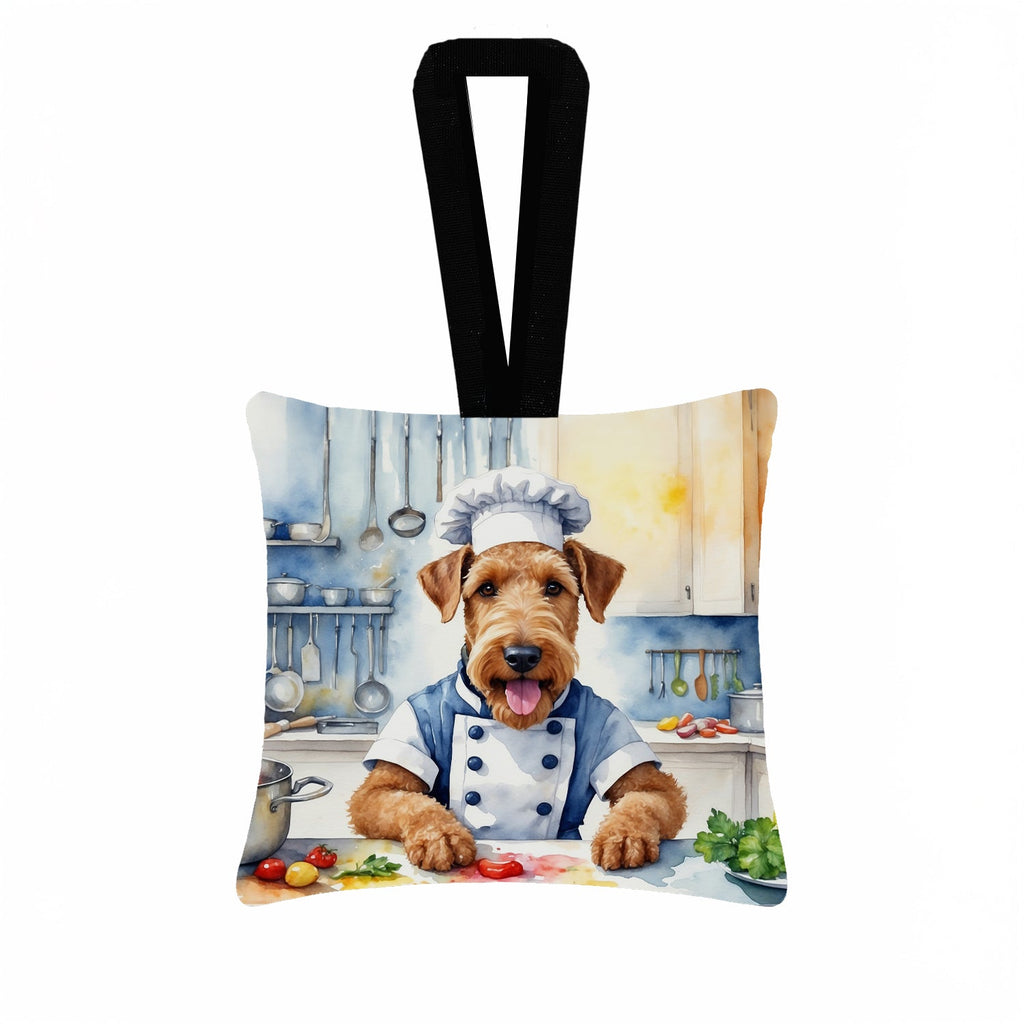 Airedale Terrier The Chef Hanging Square Fabric Ornament 3.5 × 3.5 Decorative Door-Knob & Tree Hanger, Soft Fabric