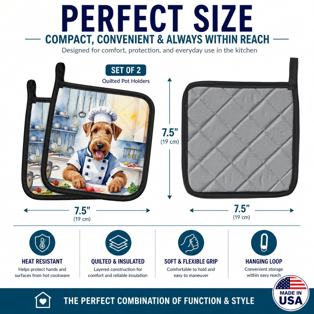 Airedale Terrier The Chef Pot Holder Set of 2 Heat Resistant Quilted Hot Pads 7.5 x 7.5 Inch, Insulated Kitchen Trivets for Cooking & Baking