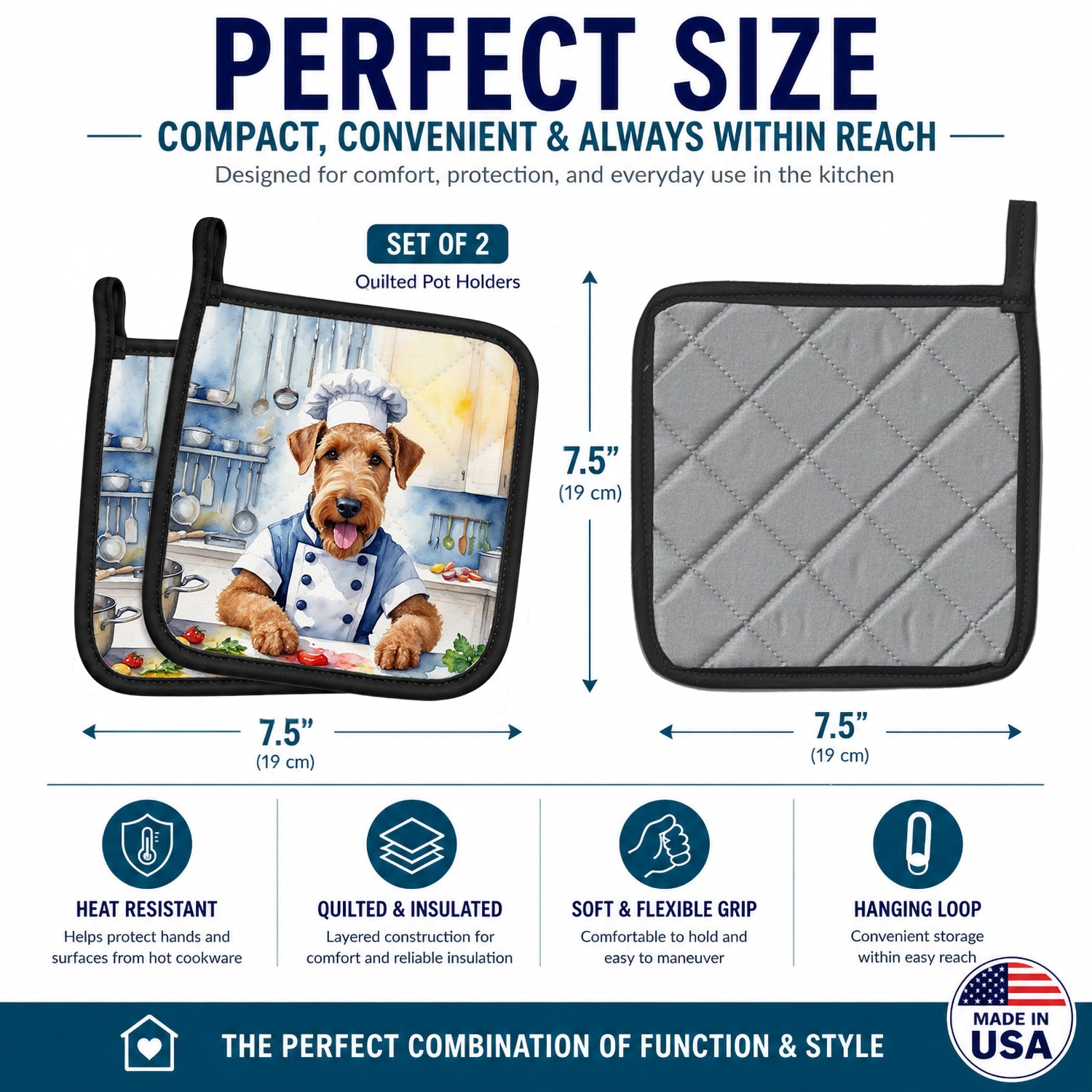 Airedale Terrier The Chef Pot Holder Set of 2 Heat Resistant Quilted Hot Pads 7.5 x 7.5 Inch, Insulated Kitchen Trivets for Cooking & Baking