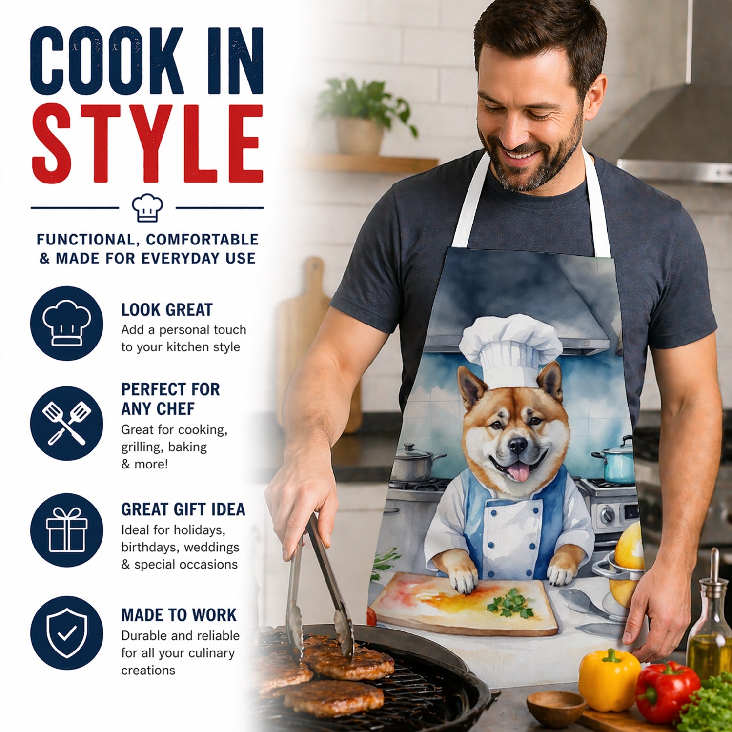 Akita The Chef Apron Cooking Kitchen Server Baking Crafts Gardening for Adult Women Men, Unisex, Large, Multicolor