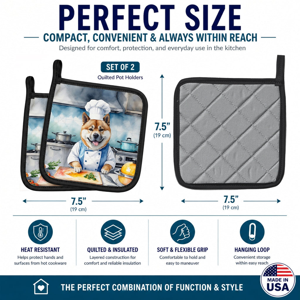 Akita The Chef Pot Holder Set of 2 Heat Resistant Quilted Hot Pads 7.5 x 7.5 Inch, Insulated Kitchen Trivets for Cooking & Baking
