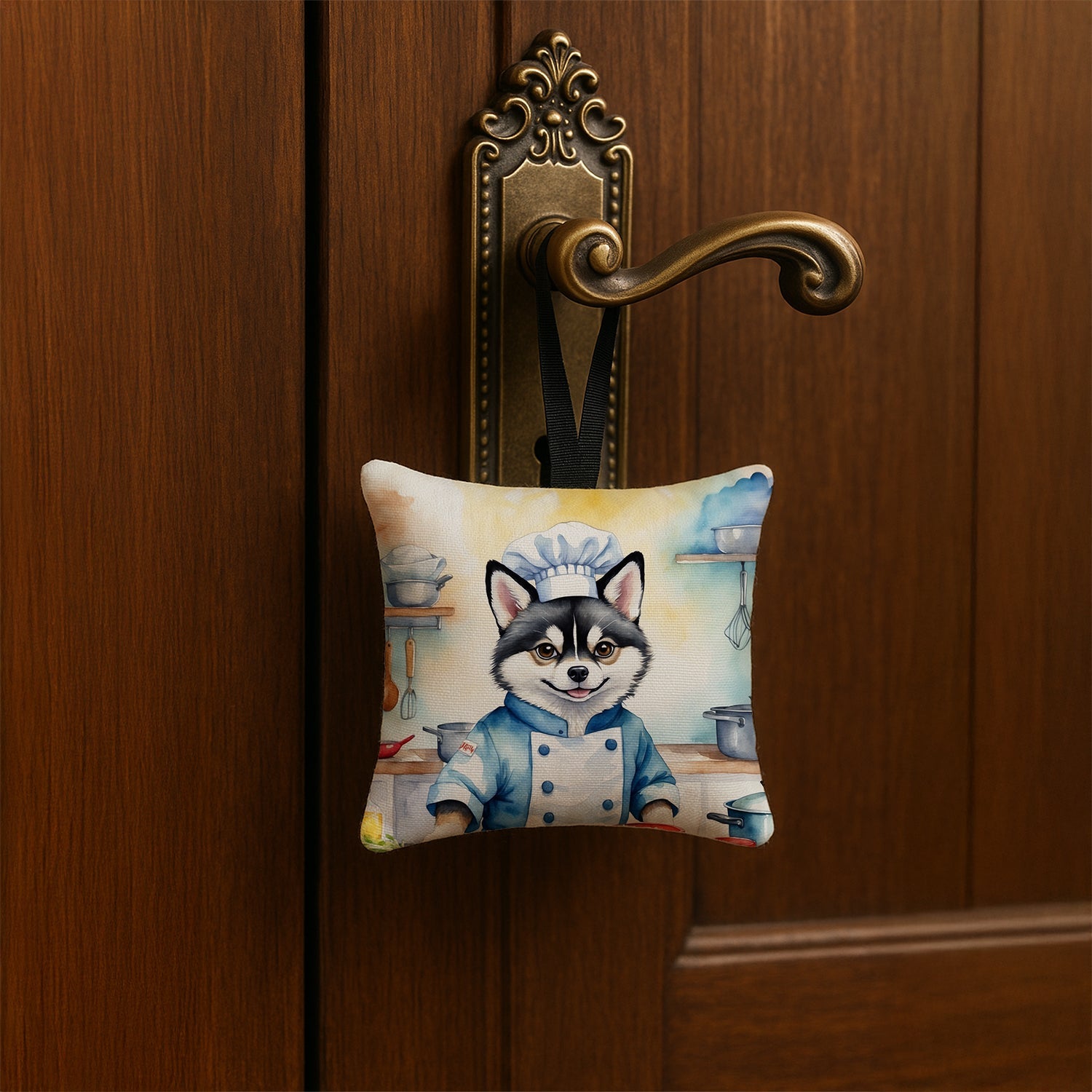 Alaskan Klee Kai The Chef Hanging Square Fabric Ornament 3.5 × 3.5 Decorative Door-Knob & Tree Hanger, Soft Fabric