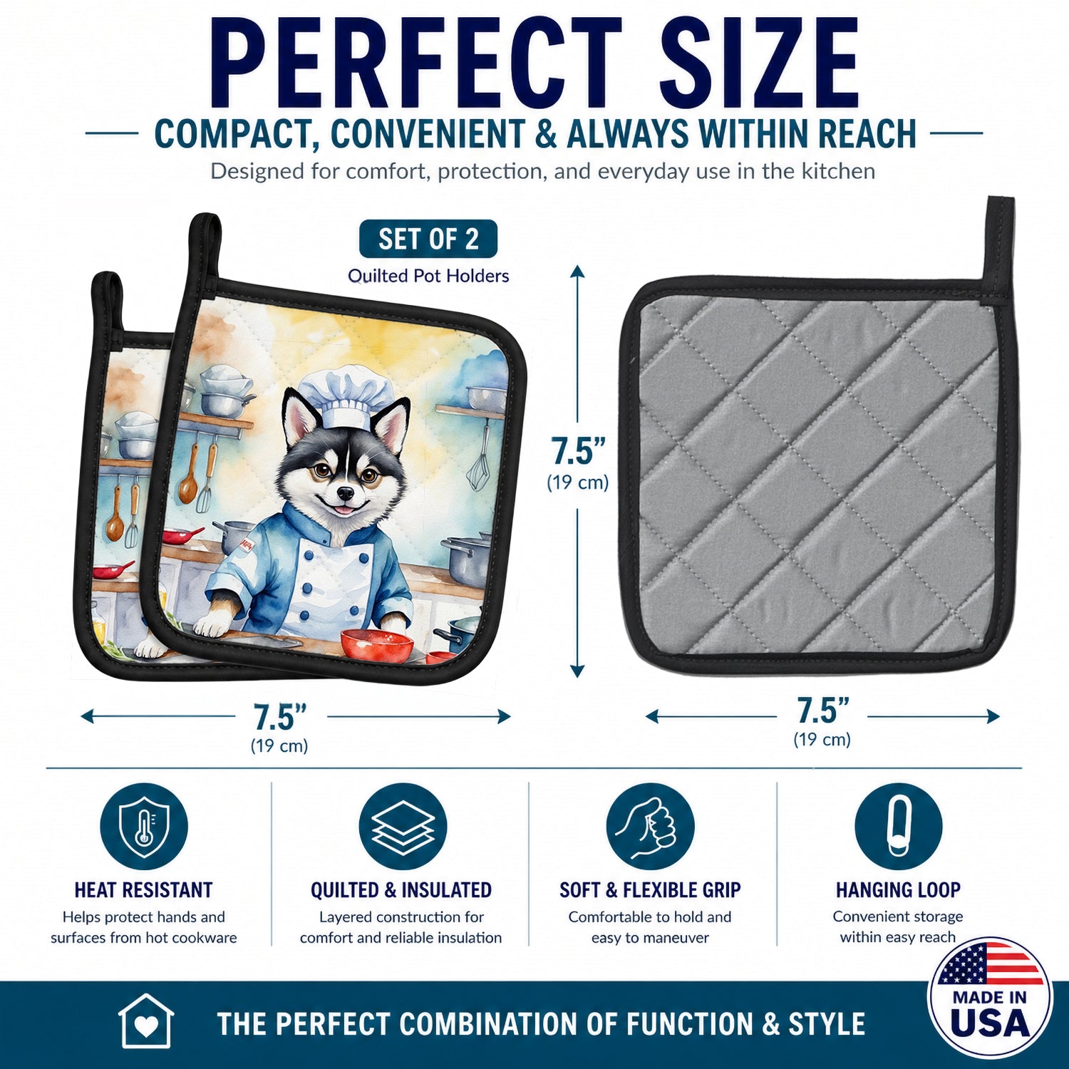 Alaskan Klee Kai The Chef Pot Holder Set of 2 Heat Resistant Quilted Hot Pads 7.5 x 7.5 Inch, Insulated Kitchen Trivets for Cooking & Baking