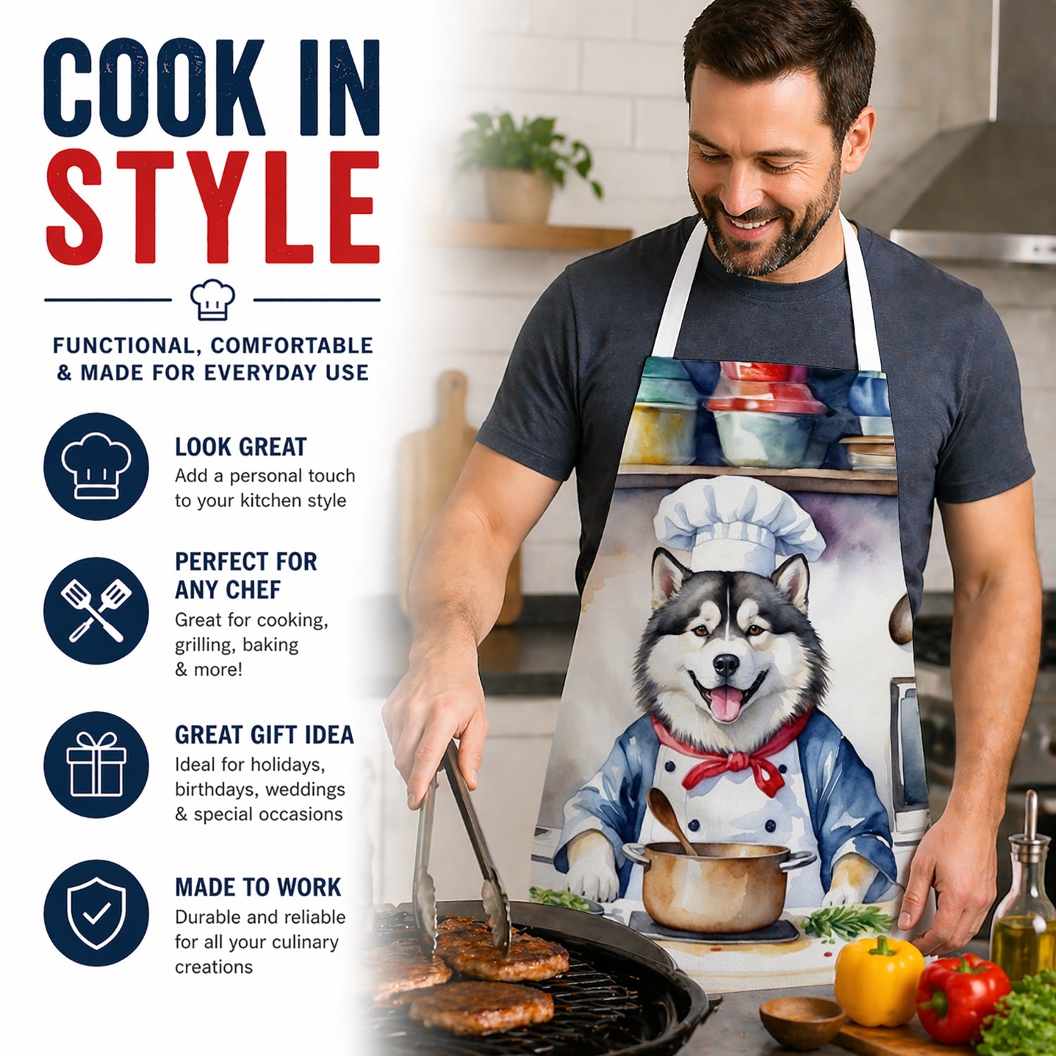 Alaskan Malamute The Chef Apron Cooking Kitchen Server Baking Crafts Gardening for Adult Women Men, Unisex, Large, Multicolor