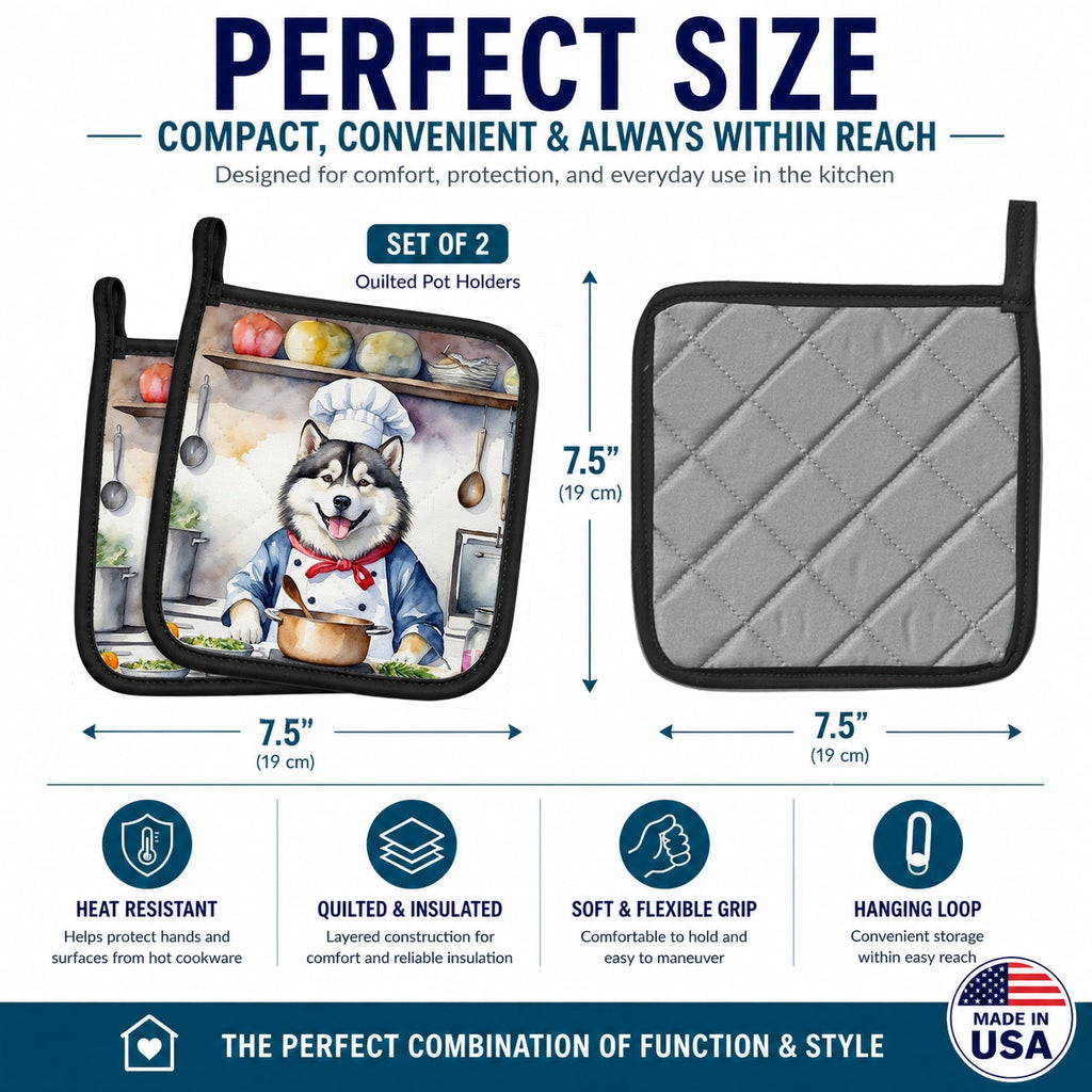 Alaskan Malamute The Chef Pot Holder Set of 2 Heat Resistant Quilted Hot Pads 7.5 x 7.5 Inch, Insulated Kitchen Trivets for Cooking & Baking