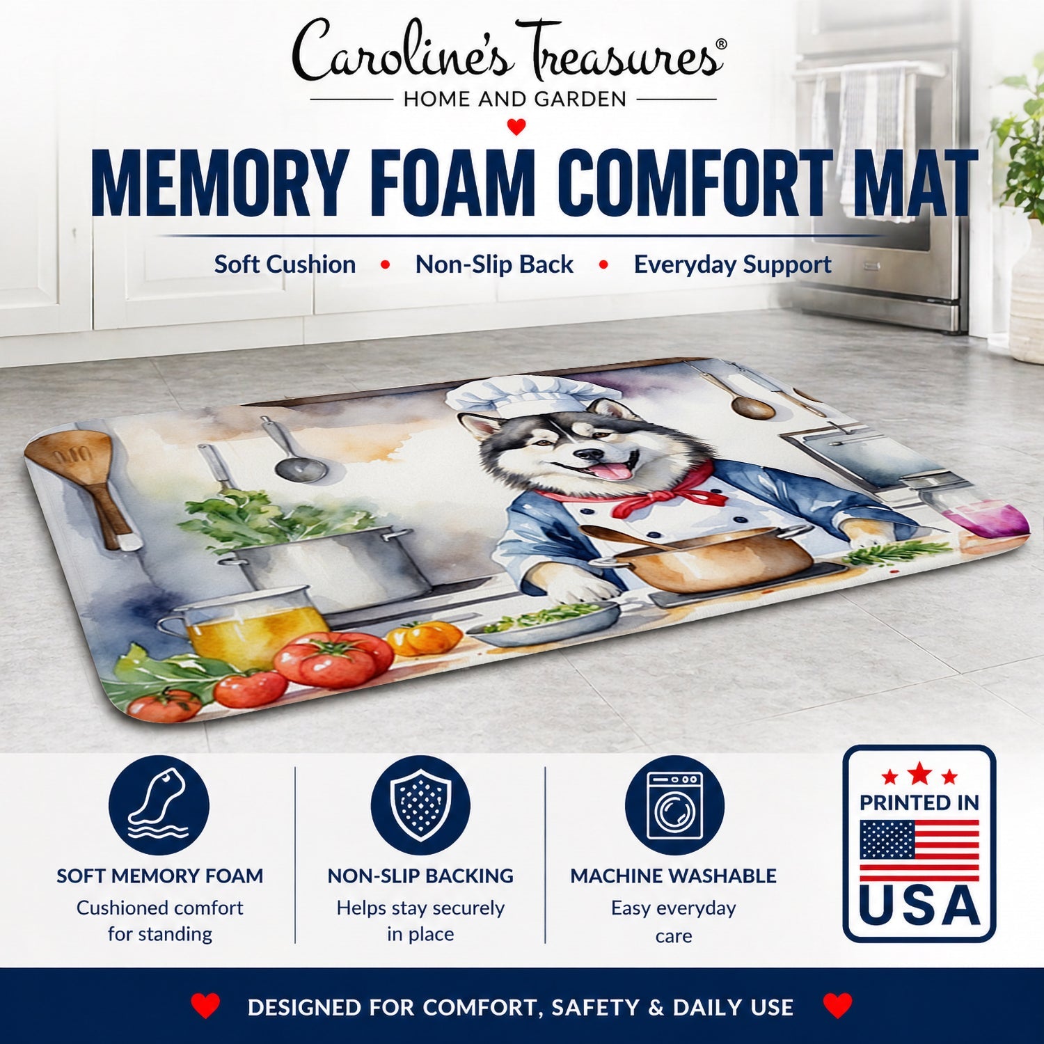 Alaskan Malamute The Chef Memory Foam Kitchen Mat Machine Washable Anti-Fatigue Cushion Comfort Bath or Kitchen Rug