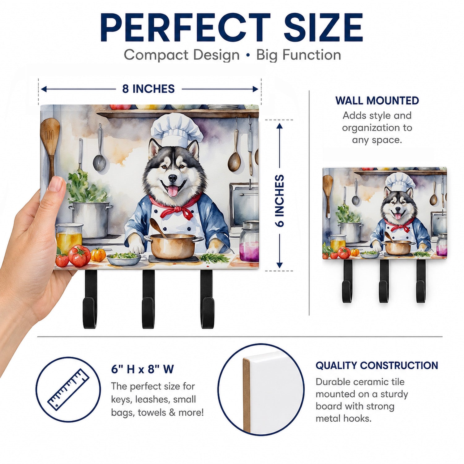 Alaskan Malamute The Chef Leash or Key Holder Wall Hooks, Coat Rack Wall Mount, for Hanging Keys, Towels, Aprons, Leashes