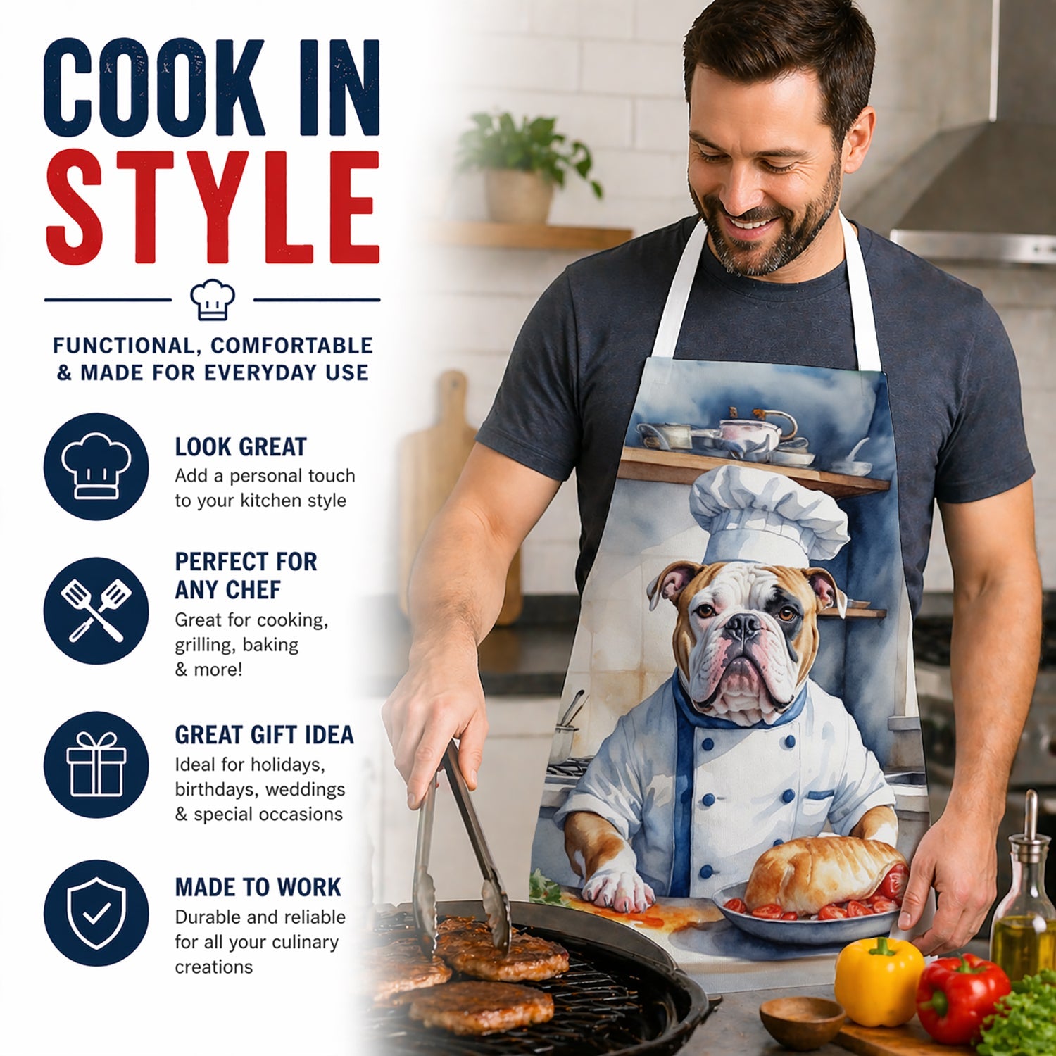 American Bulldog The Chef Apron Cooking Kitchen Server Baking Crafts Gardening for Adult Women Men, Unisex, Large, Multicolor