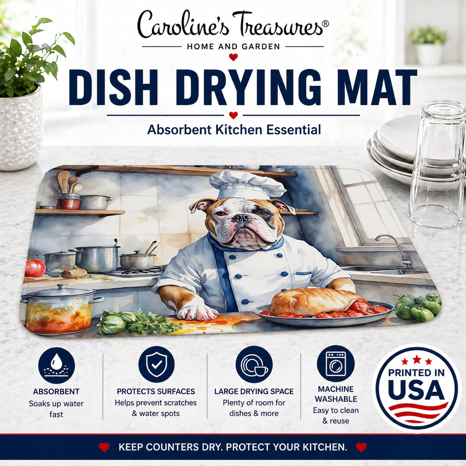 American Bulldog The Chef Dish Drying Mat Absorbent Dish Drying Mat Pad for Kitchen Counter Dish Drainer Mat for Countertop, 14 x 21", Multicolor