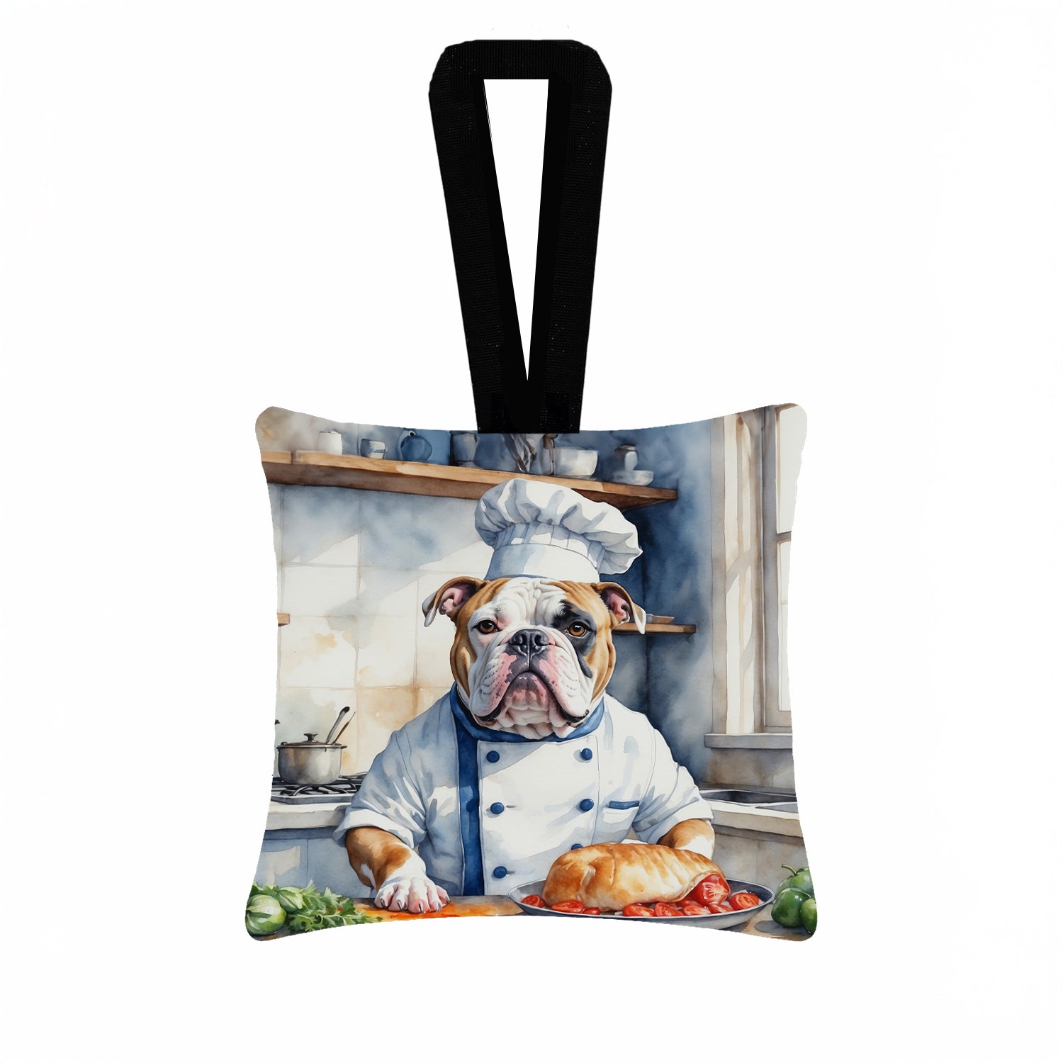 American Bulldog The Chef Hanging Square Fabric Ornament 3.5 × 3.5 Decorative Door-Knob & Tree Hanger, Soft Fabric